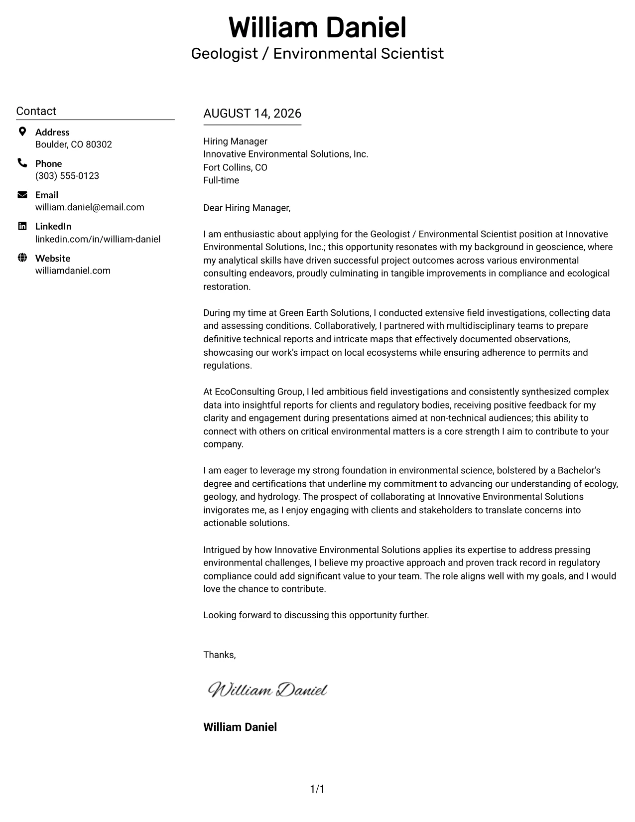 Resume Example Page 1