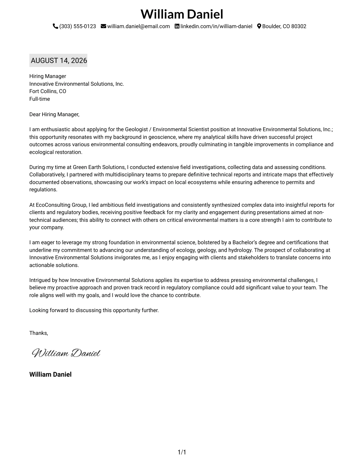 Resume Example Page 1