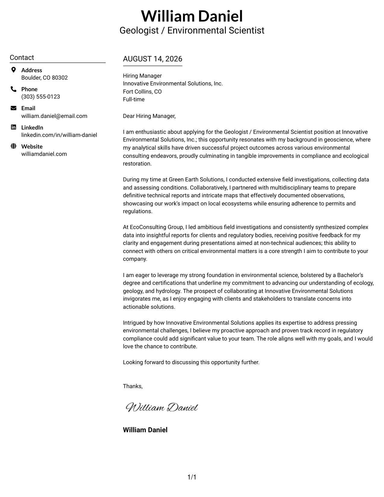 Resume Example Page 1