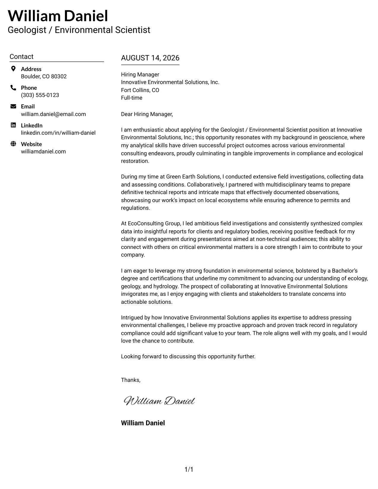 Resume Example Page 1