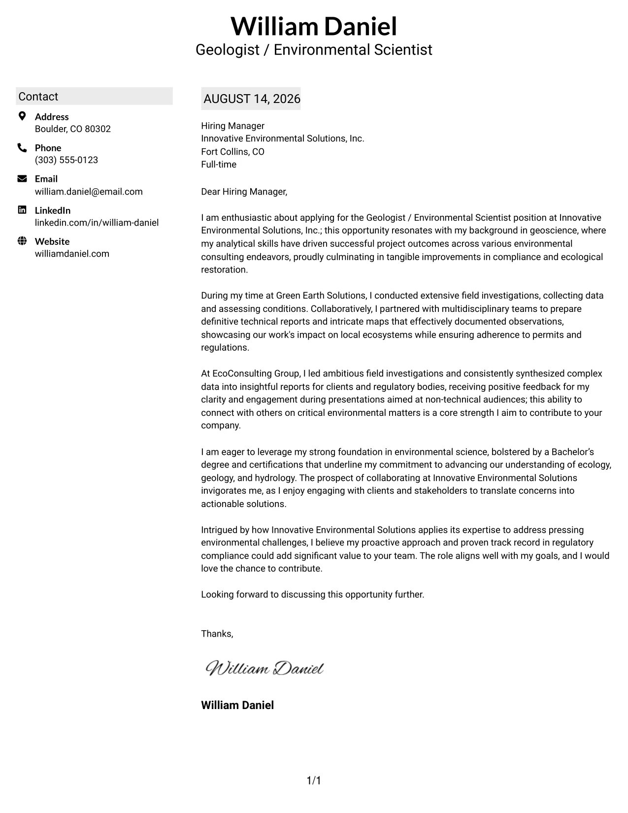 Resume Example Page 1