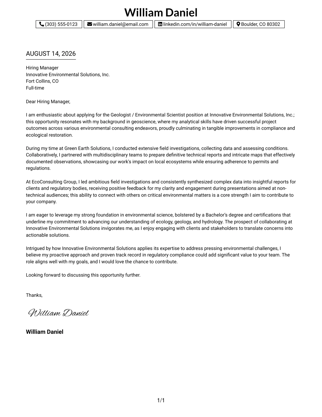 Resume Example Page 1