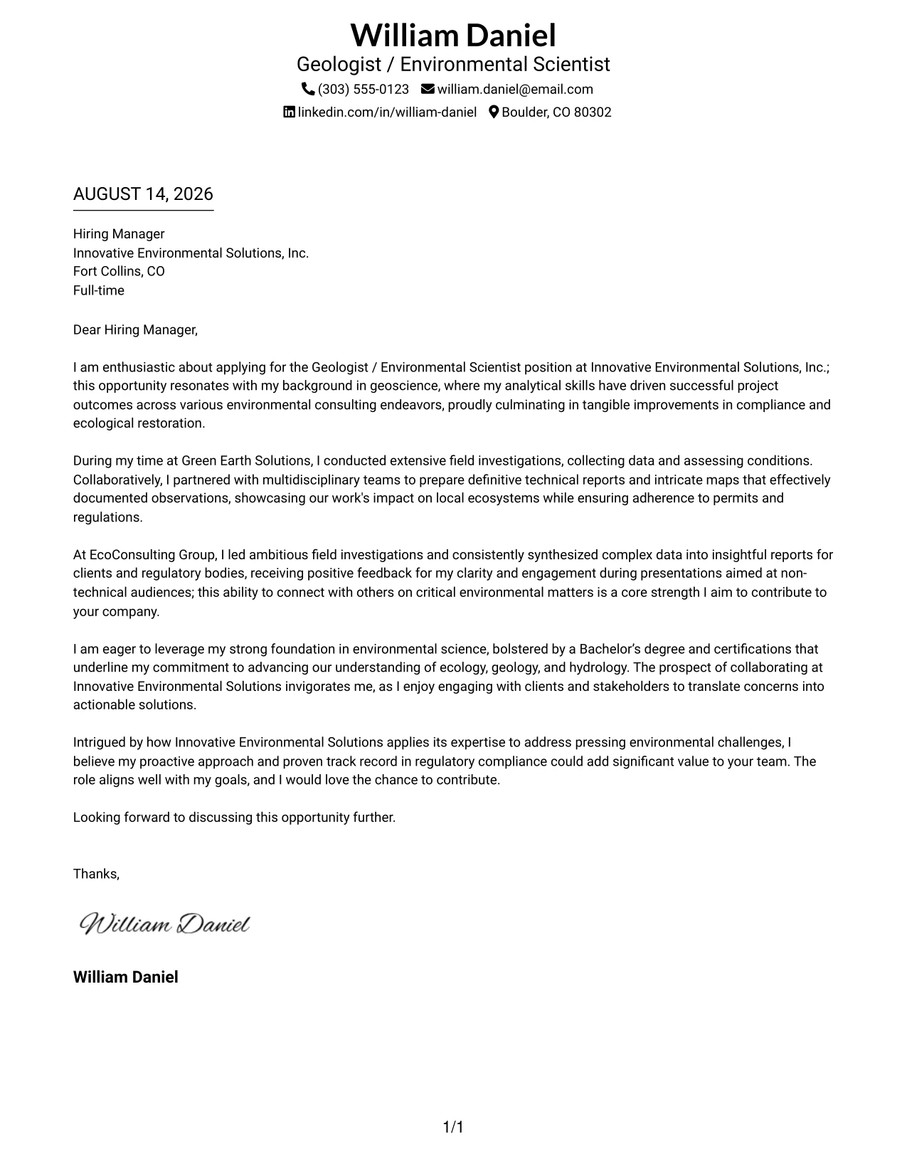 Resume Example Page 1