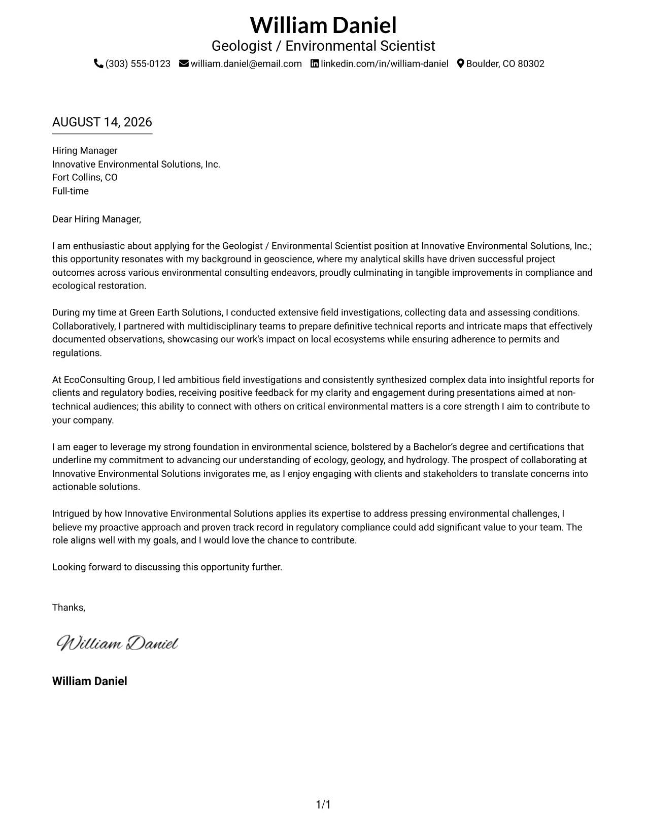 Resume Example Page 1