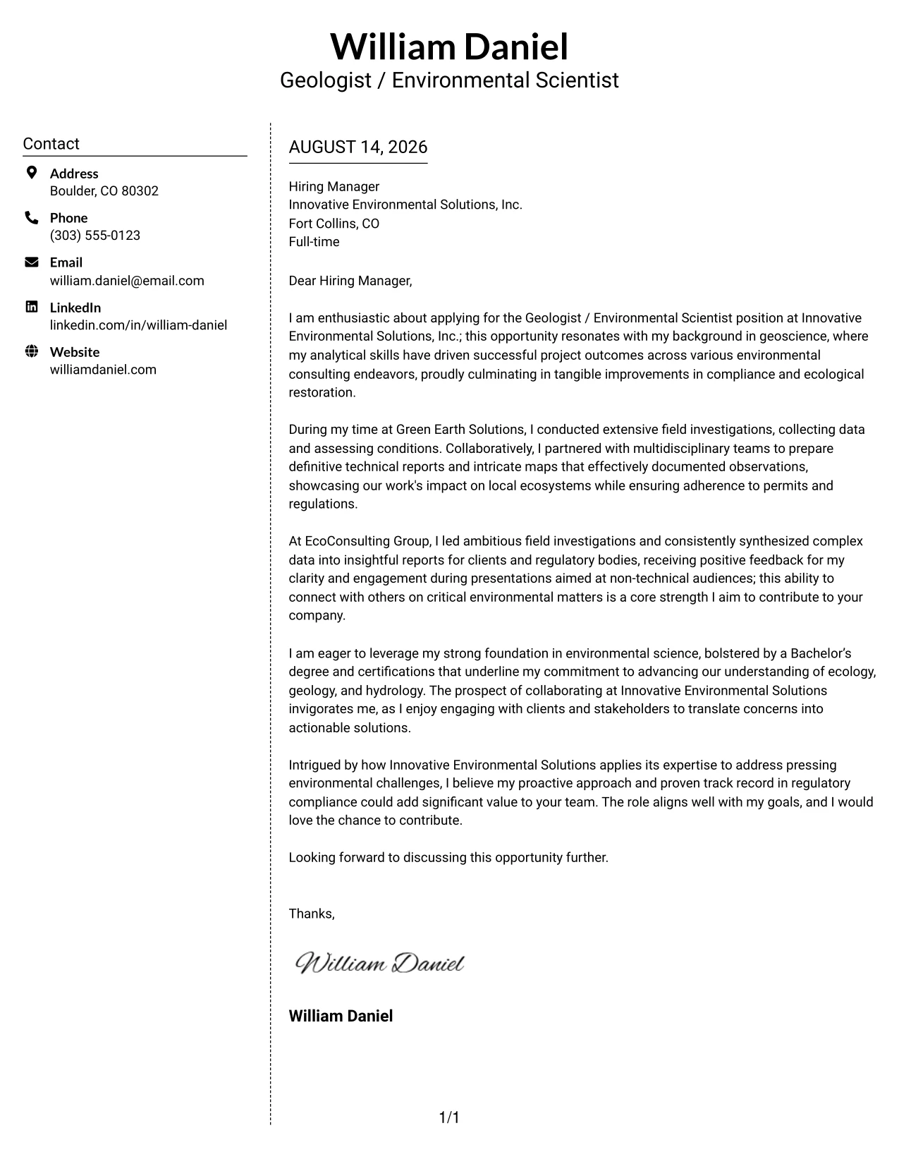 Resume Example Page 1