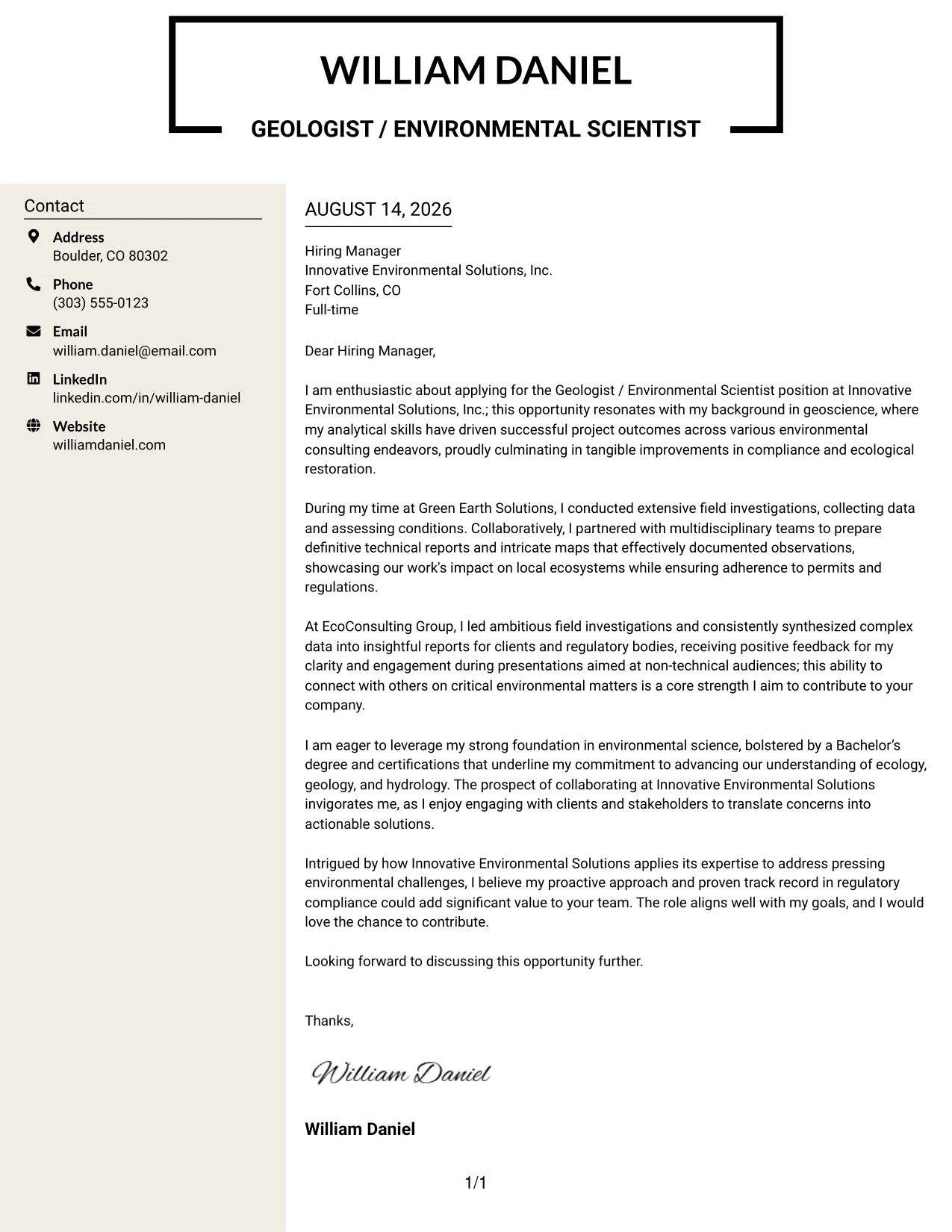 Resume Example Page 1