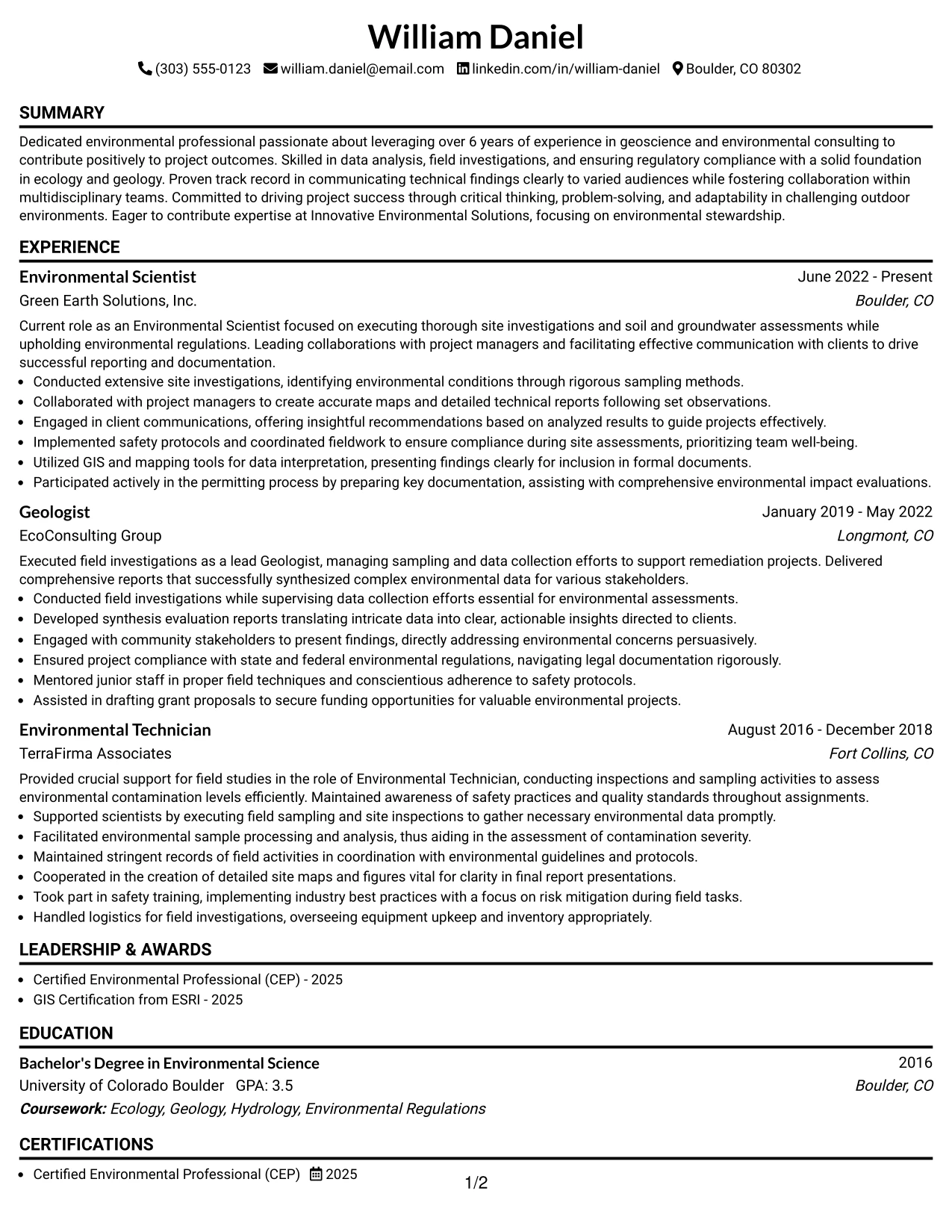 Resume Example Page 1