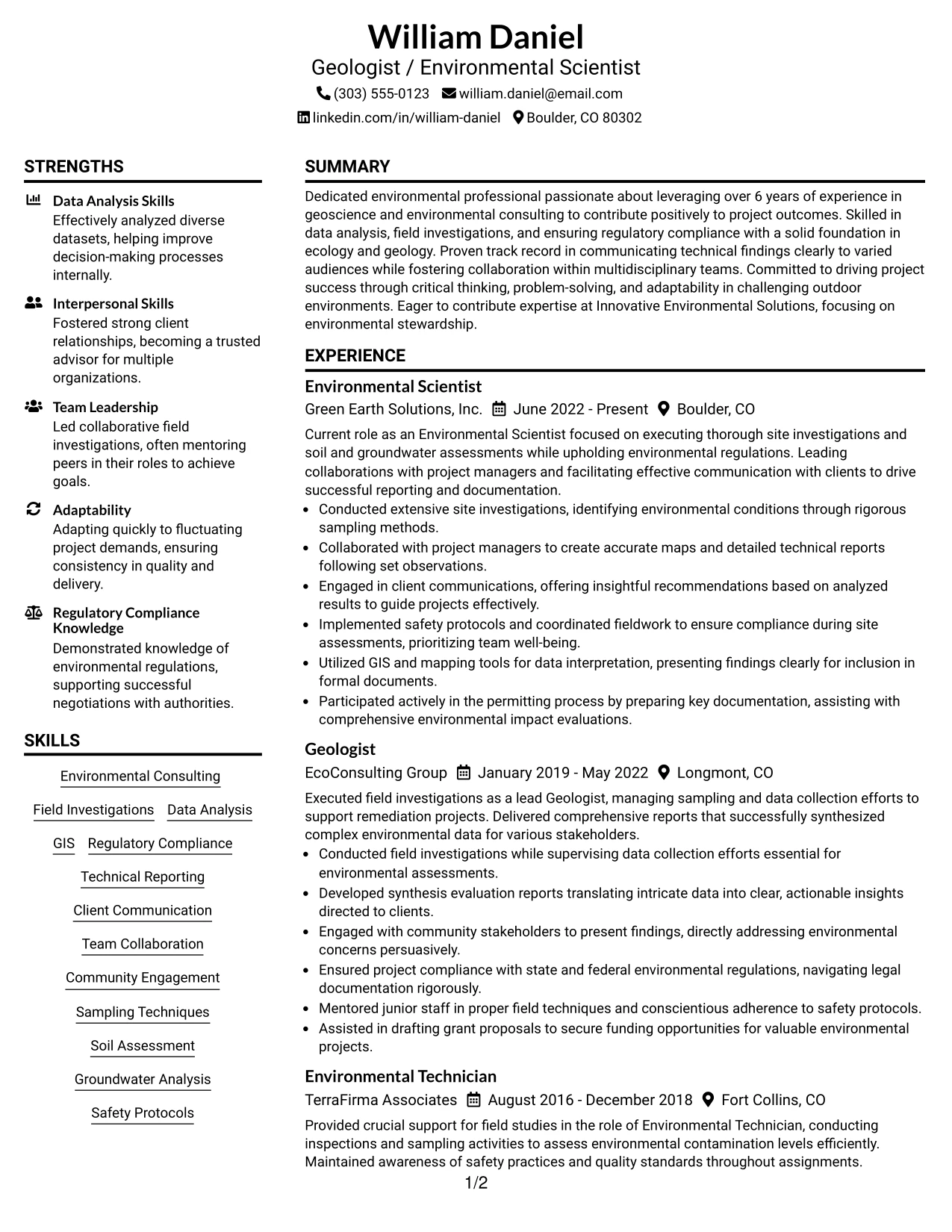 Resume Example Page 1