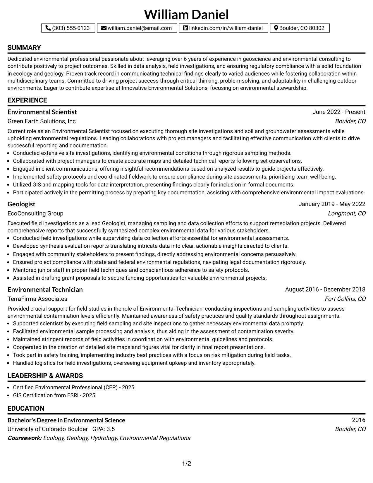 Resume Example Page 1