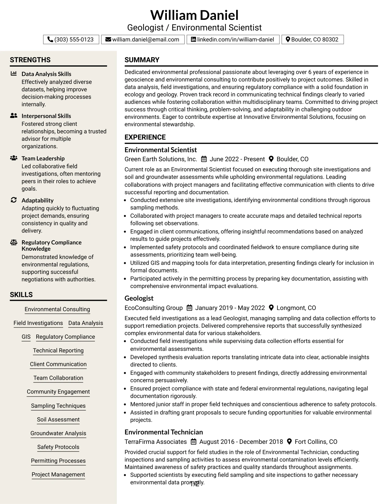 Resume Example Page 1