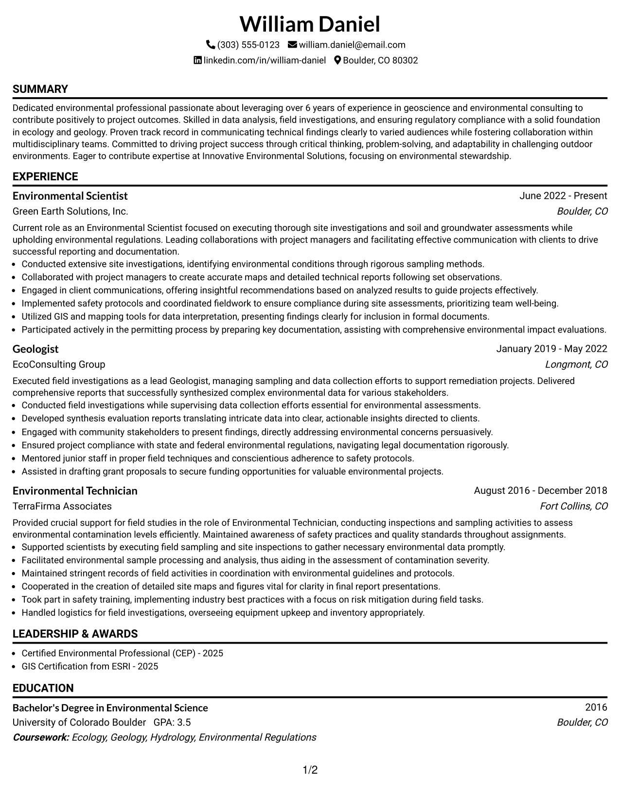 Resume Example Page 1