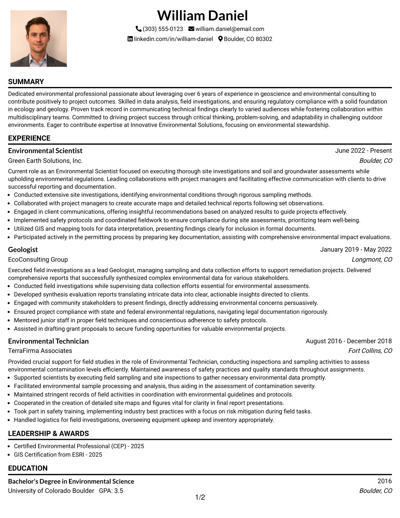 Resume Example Page 1