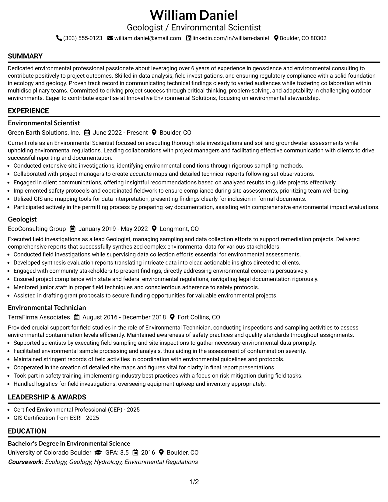 Resume Example Page 1