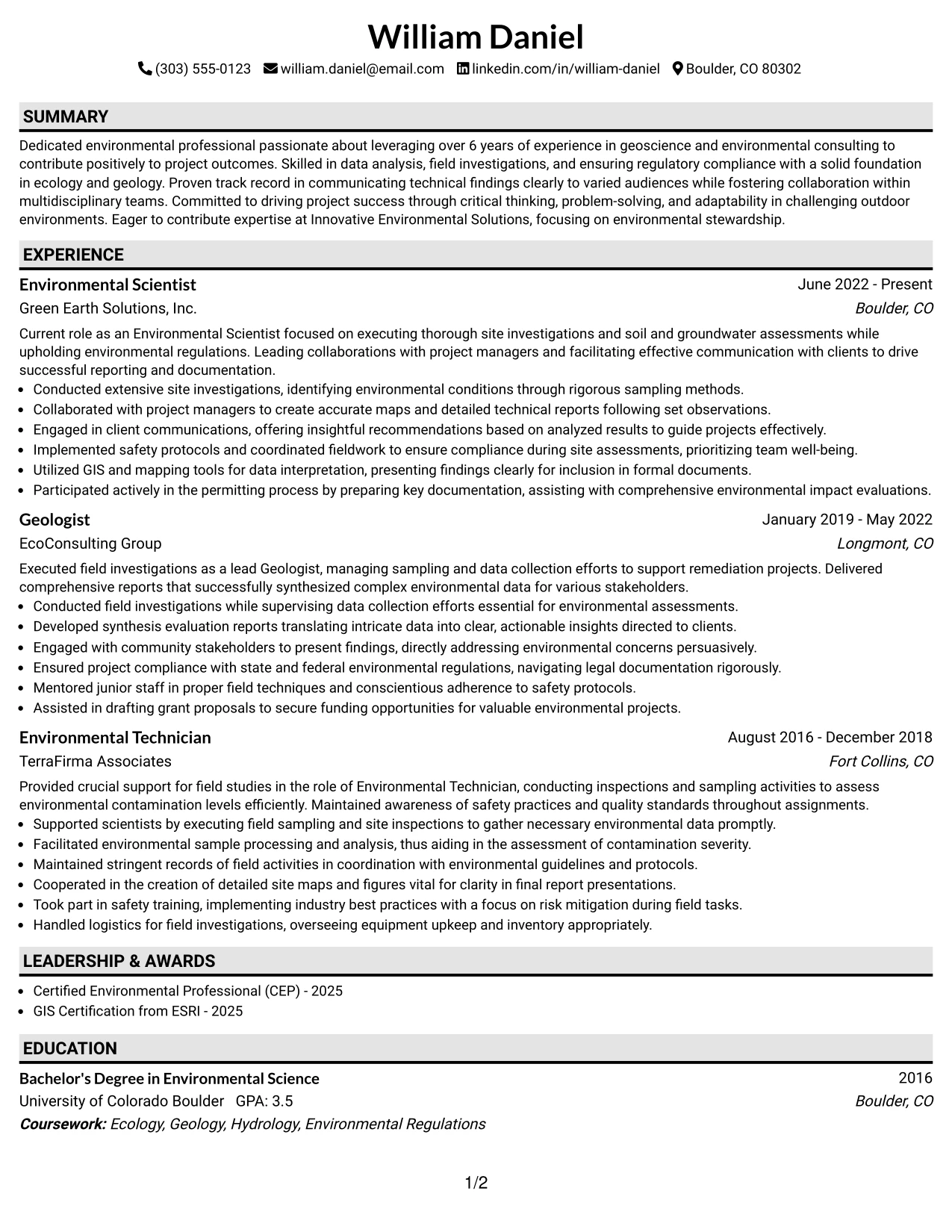 Resume Example Page 1