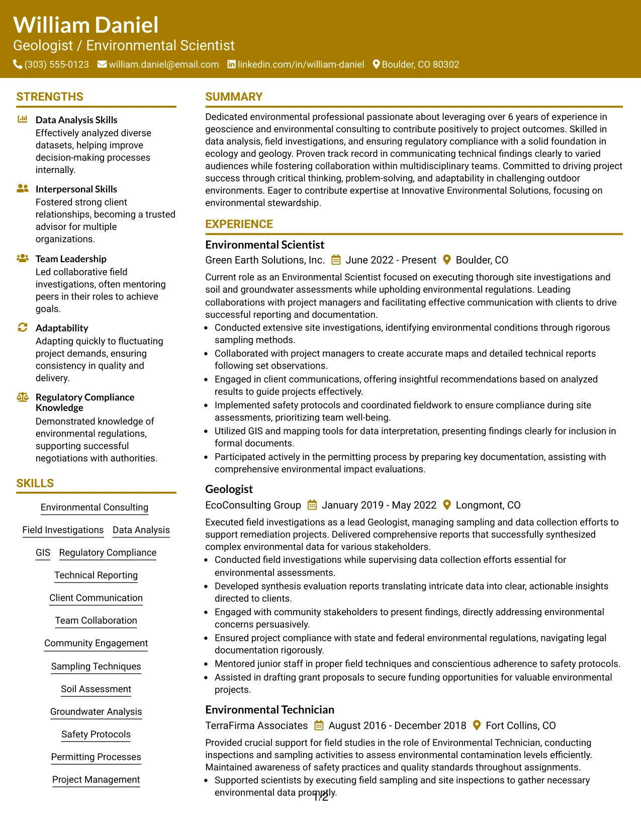 Resume Example Page 1