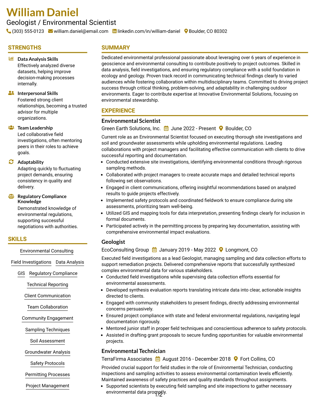Resume Example Page 1