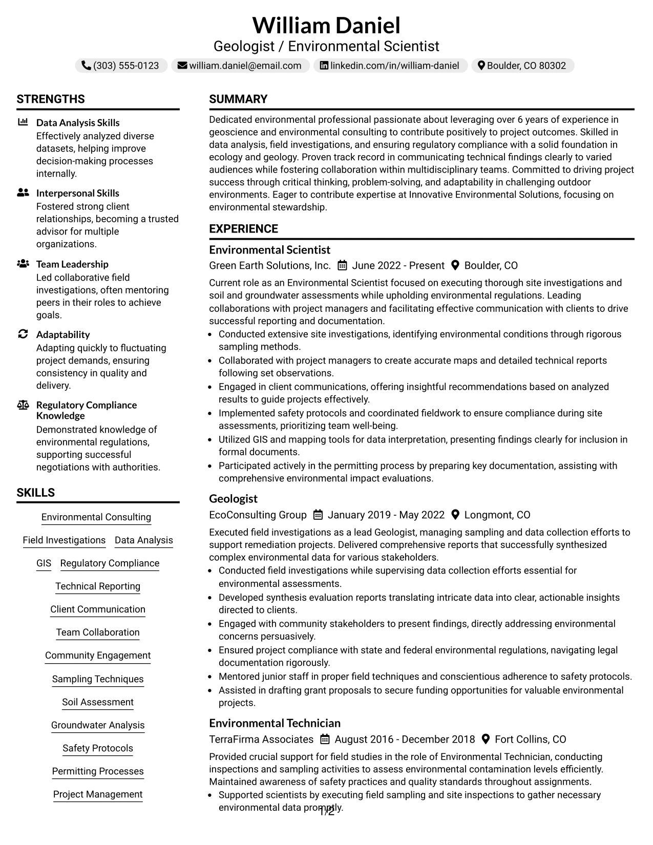 Resume Example Page 1