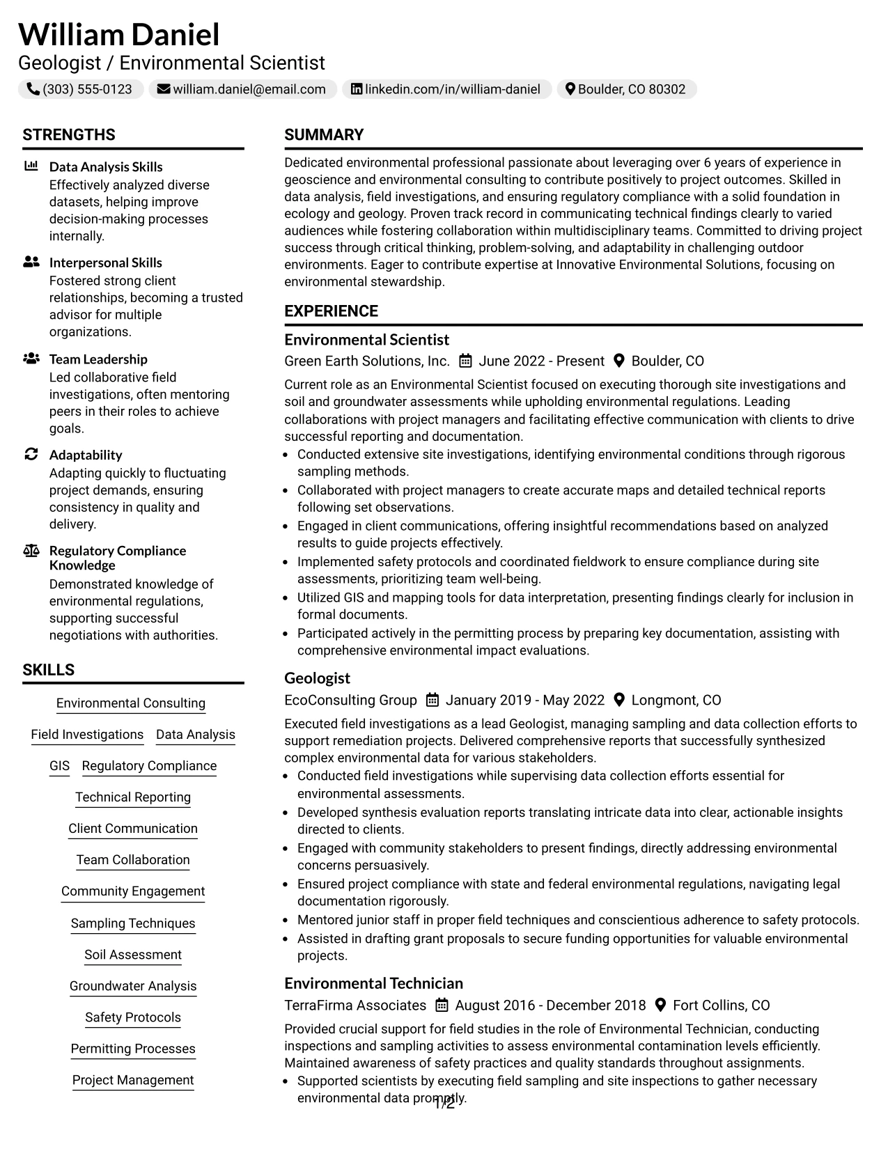 Resume Example Page 1