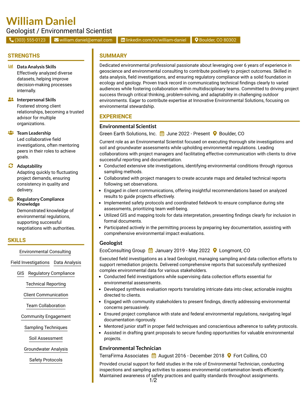 Resume Example Page 1