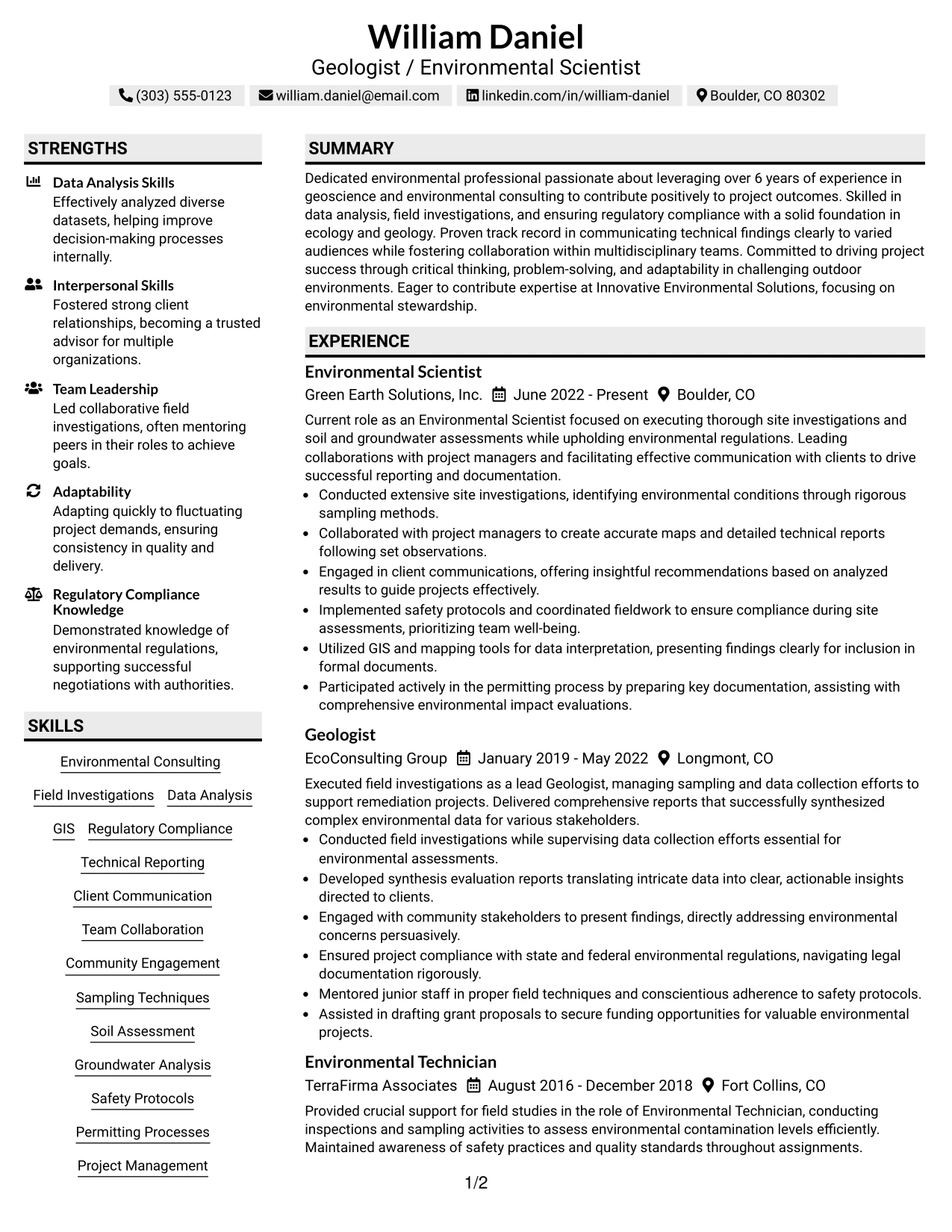 Resume Example Page 1
