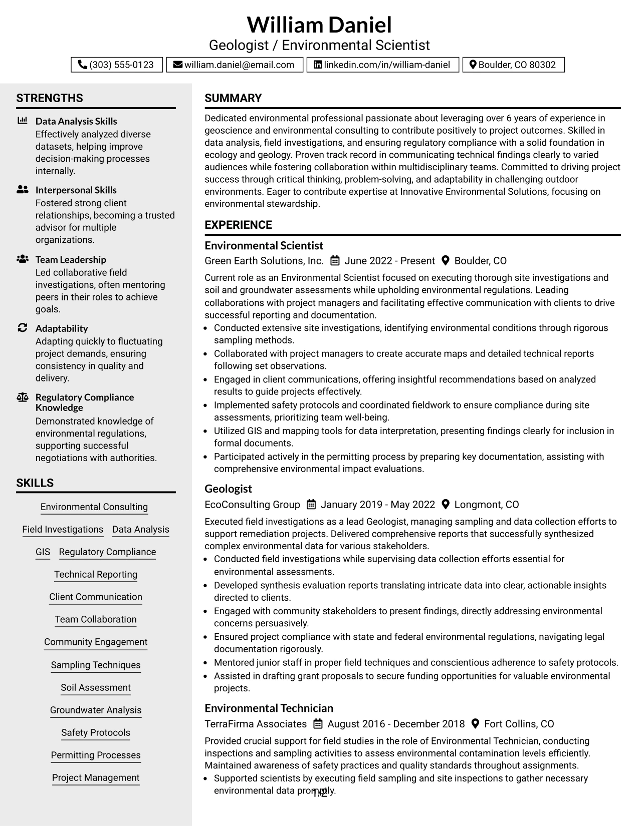 Resume Example Page 1