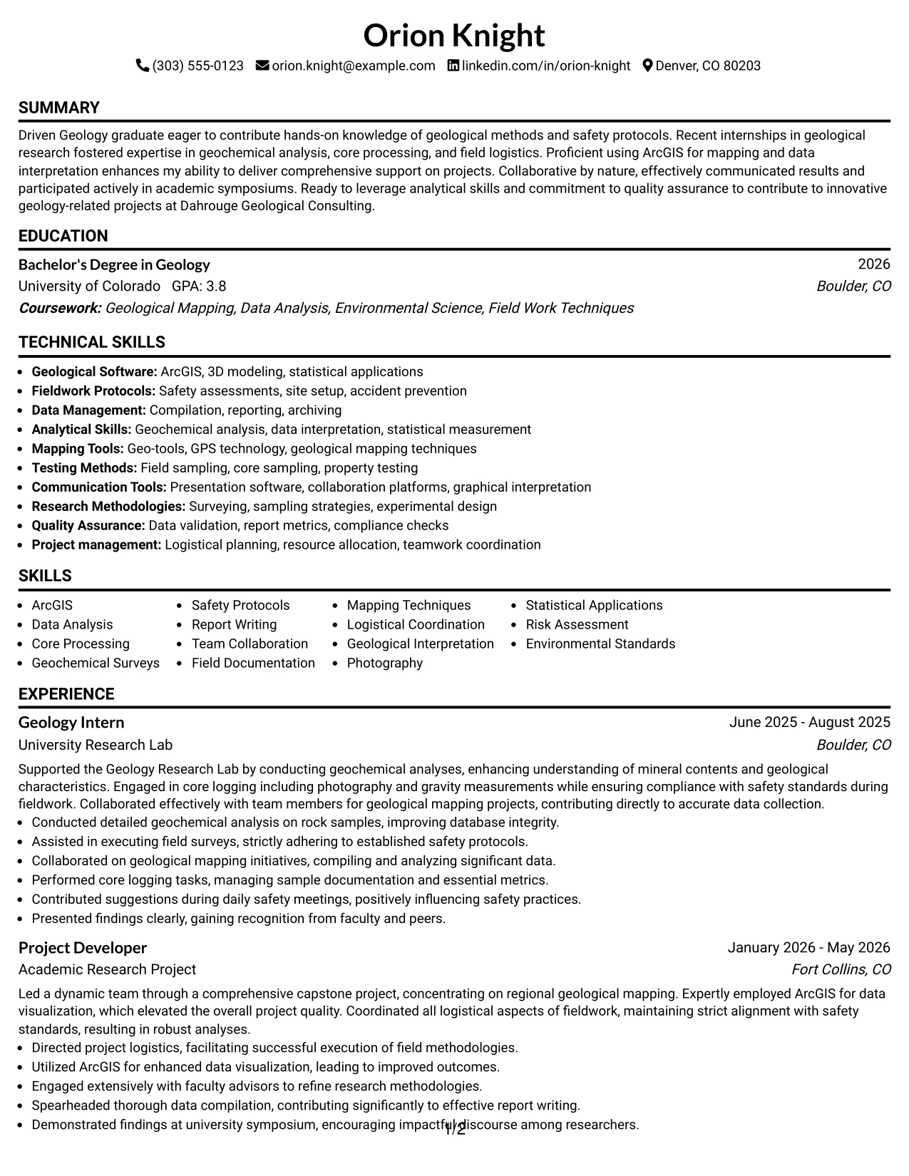 Resume Example Page 1