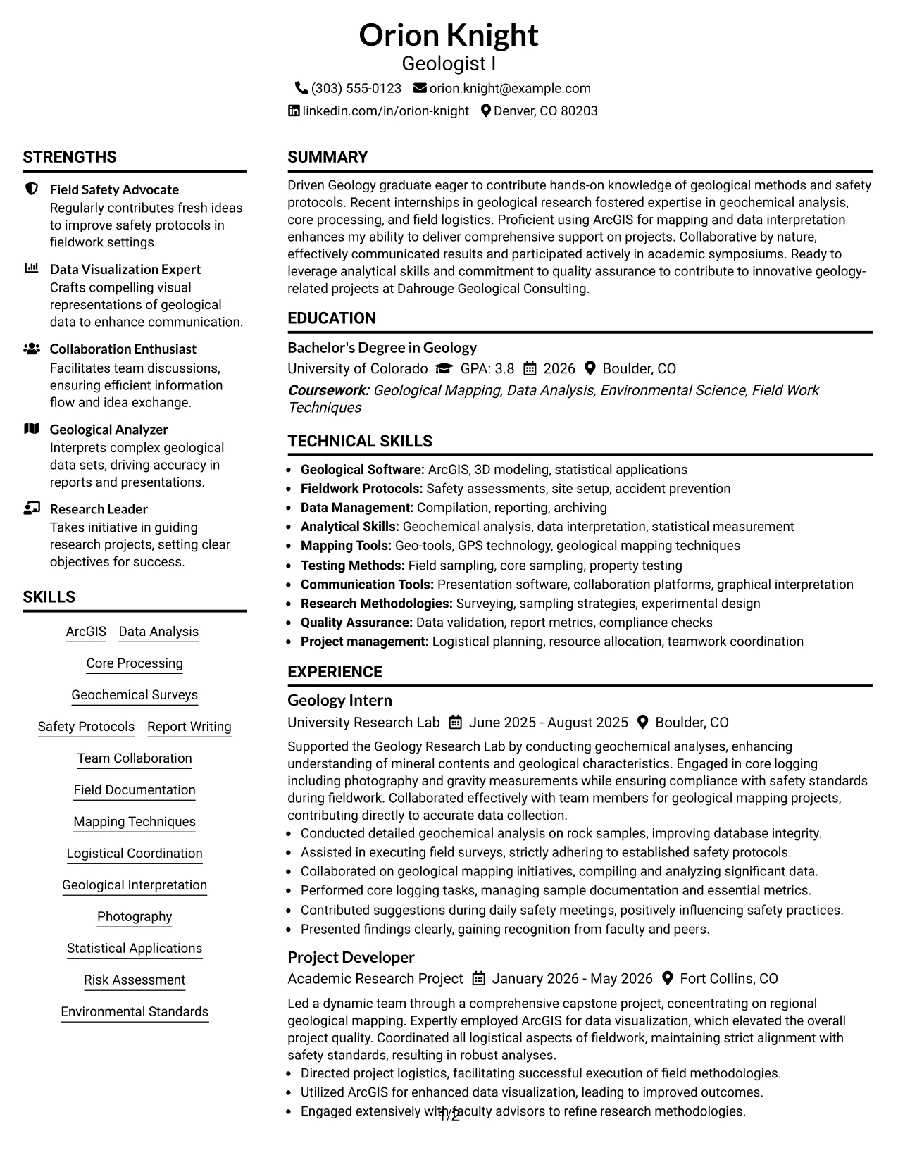 Resume Example Page 1