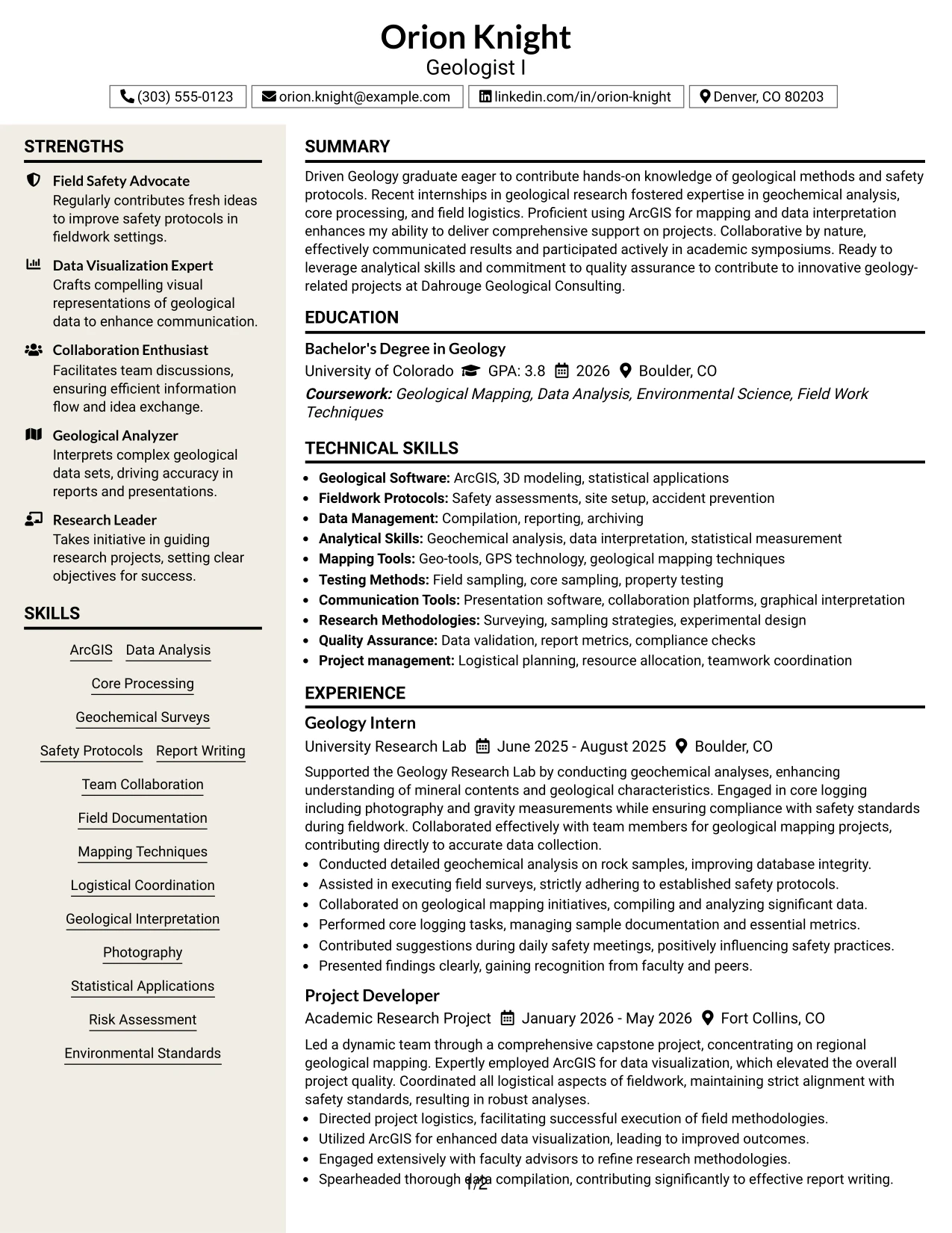 Resume Example Page 1