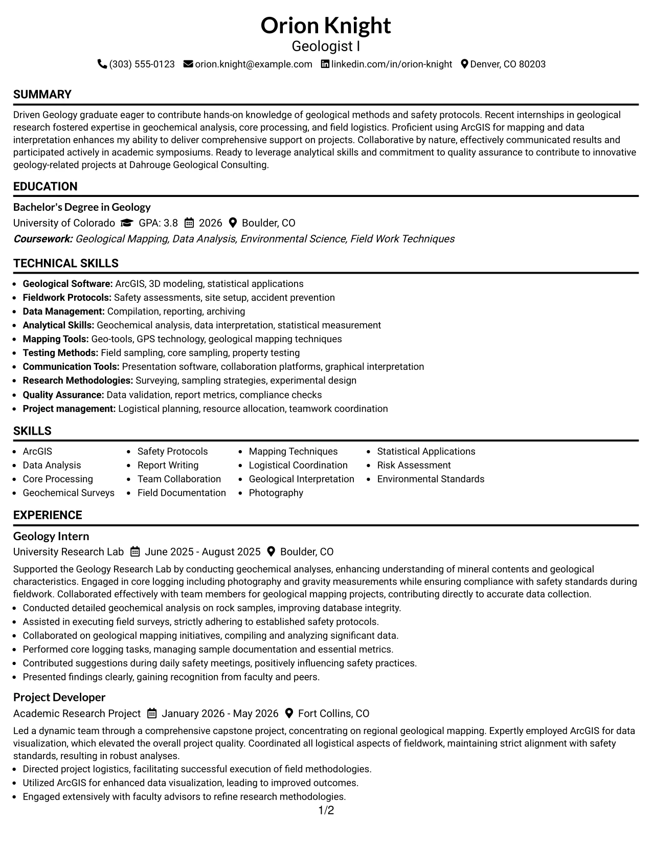 Resume Example Page 1