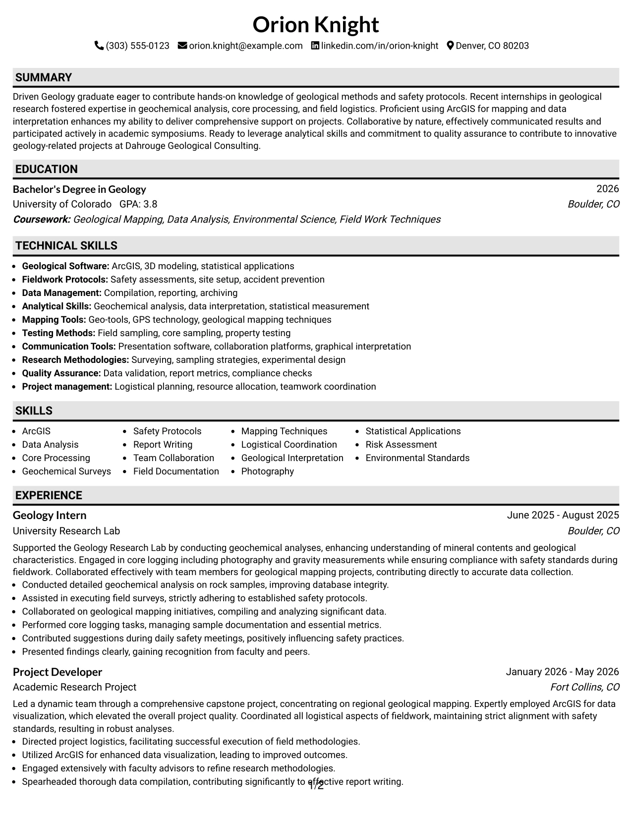 Resume Example Page 1
