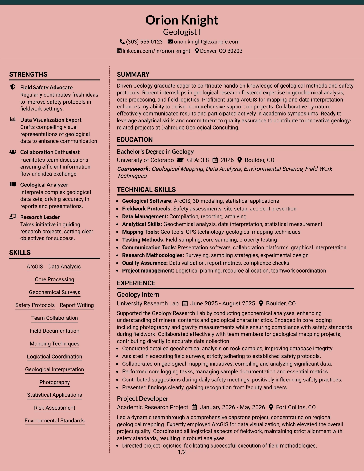 Resume Example Page 1
