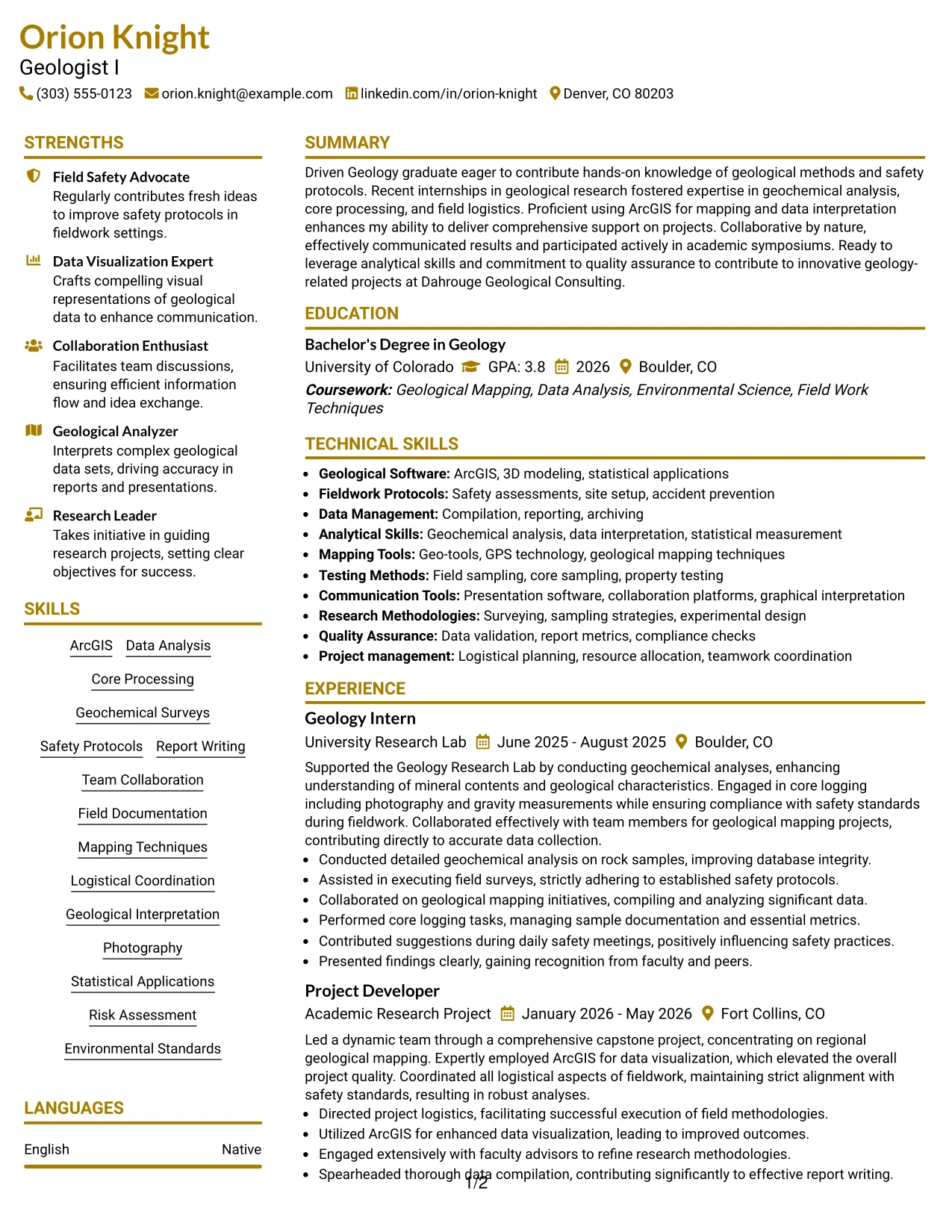 Resume Example Page 1