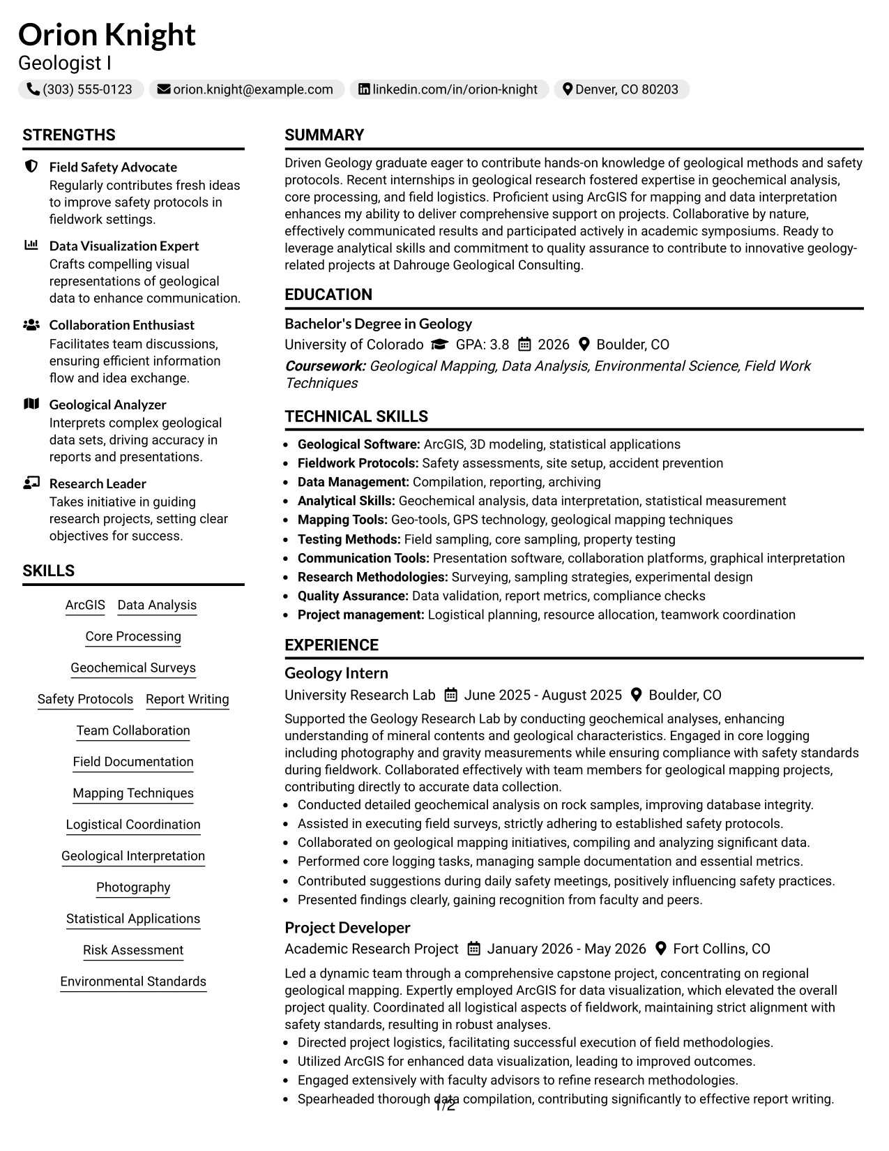 Resume Example Page 1