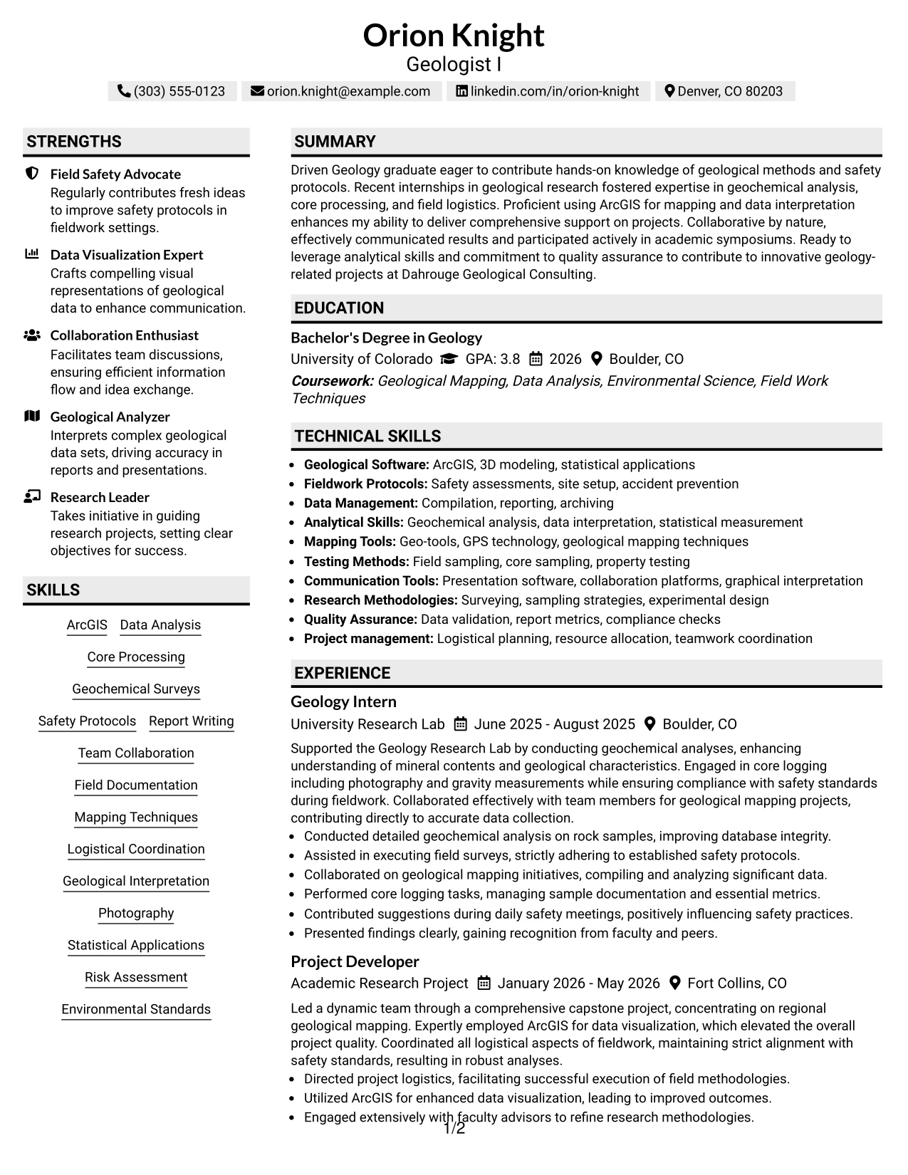 Resume Example Page 1