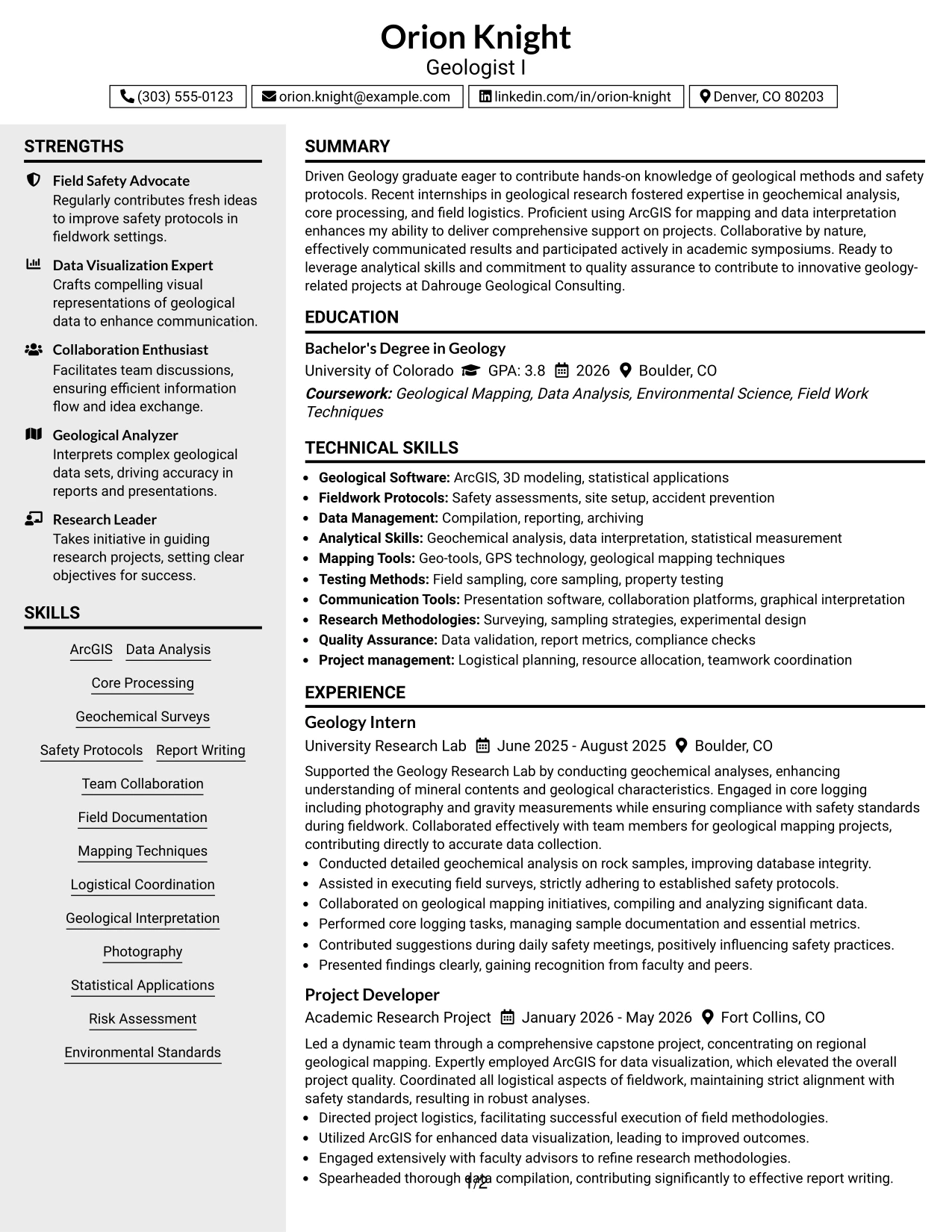 Resume Example Page 1