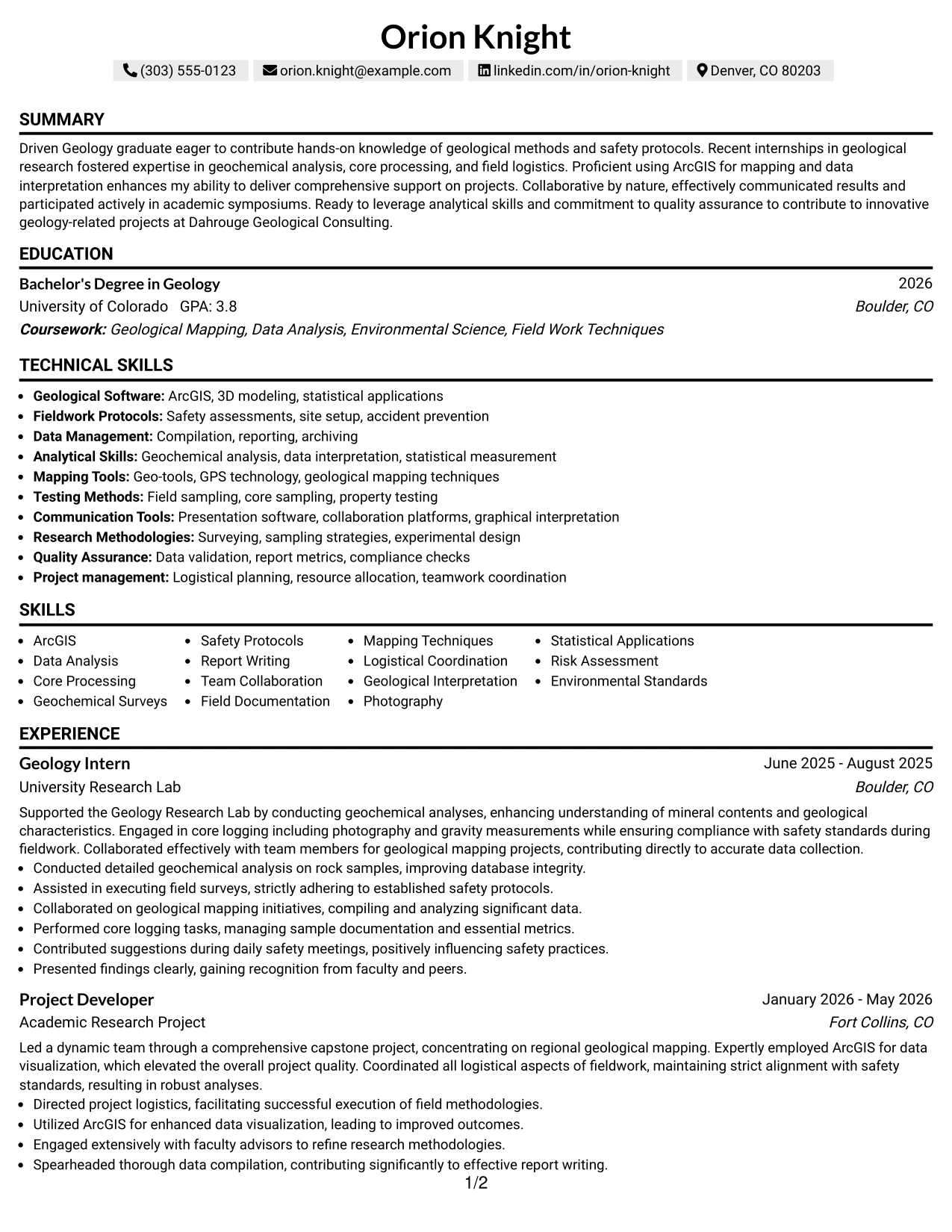 Resume Example Page 1