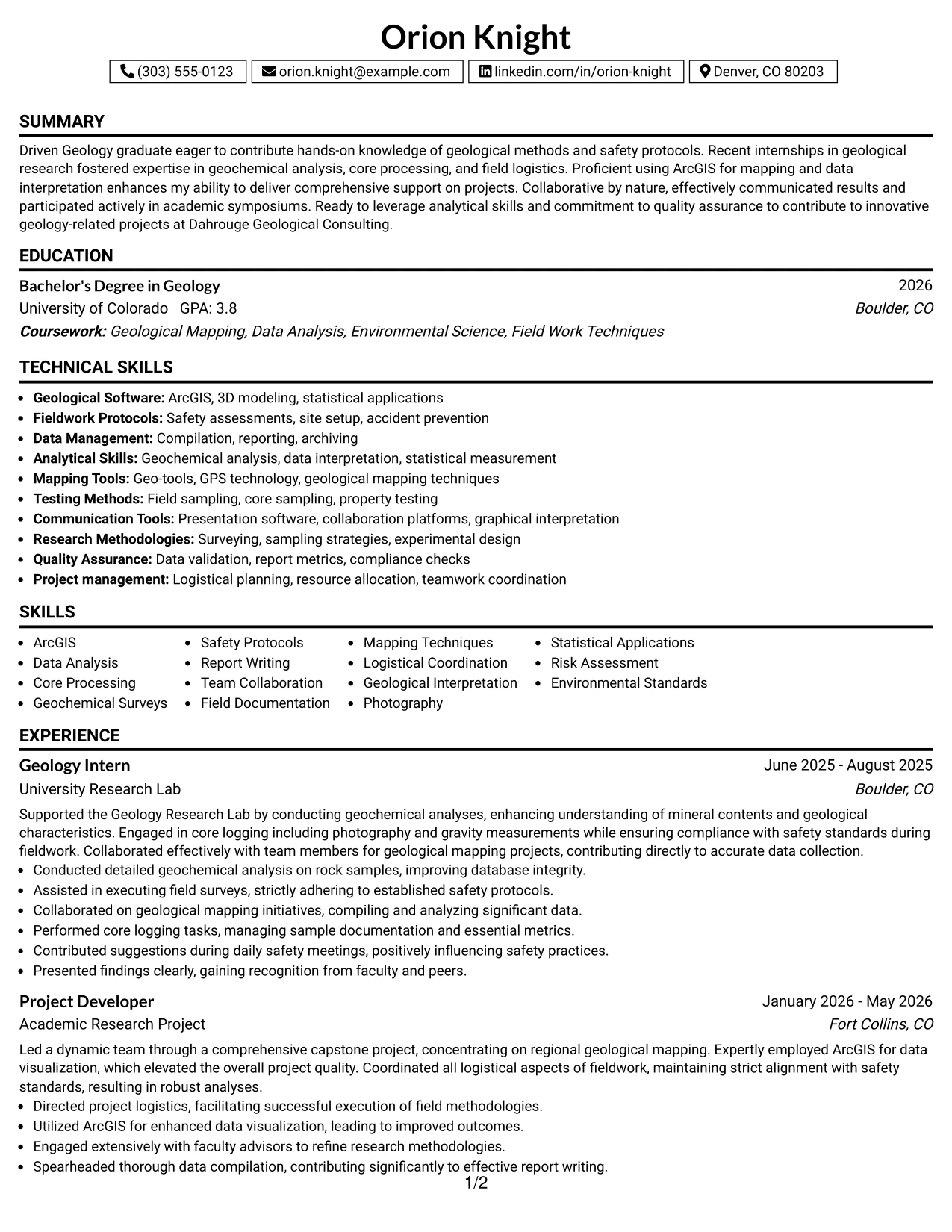 Resume Example Page 1
