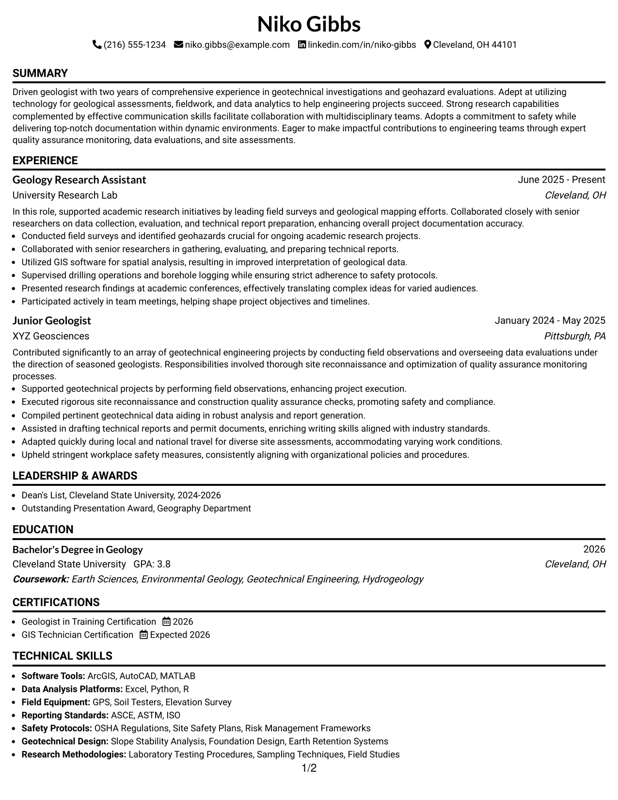 Resume Example Page 1