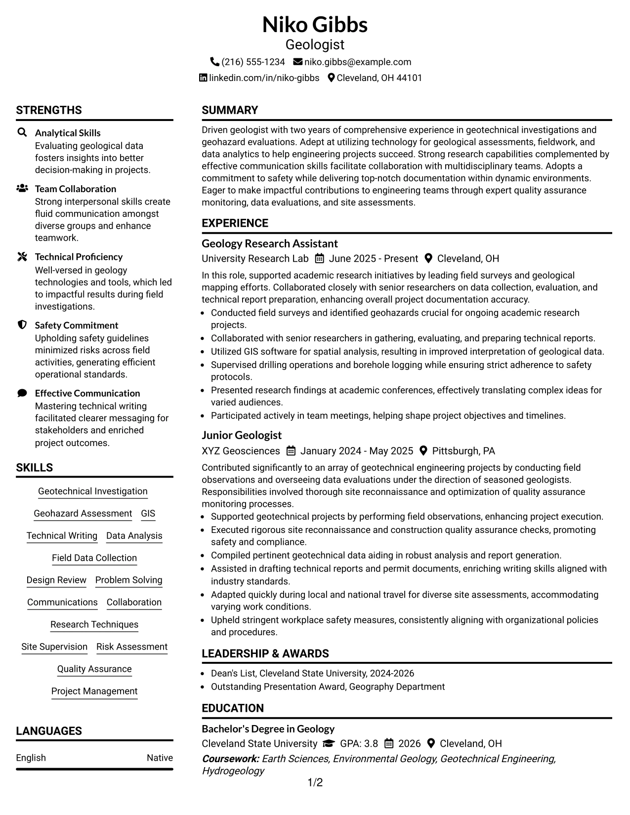 Resume Example Page 1