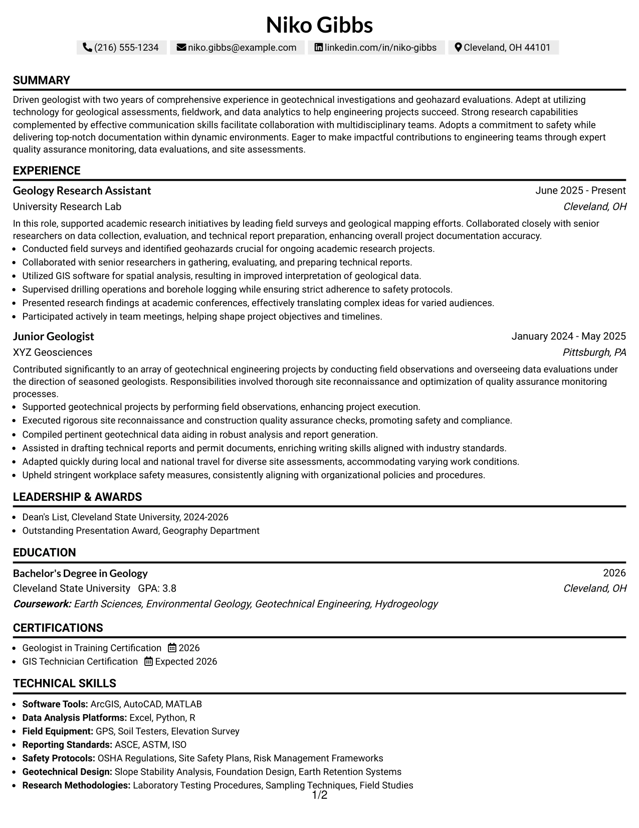 Resume Example Page 1