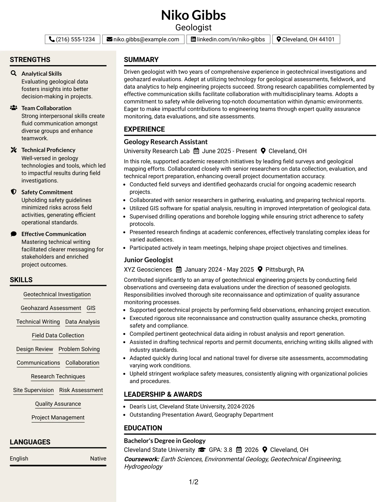 Resume Example Page 1