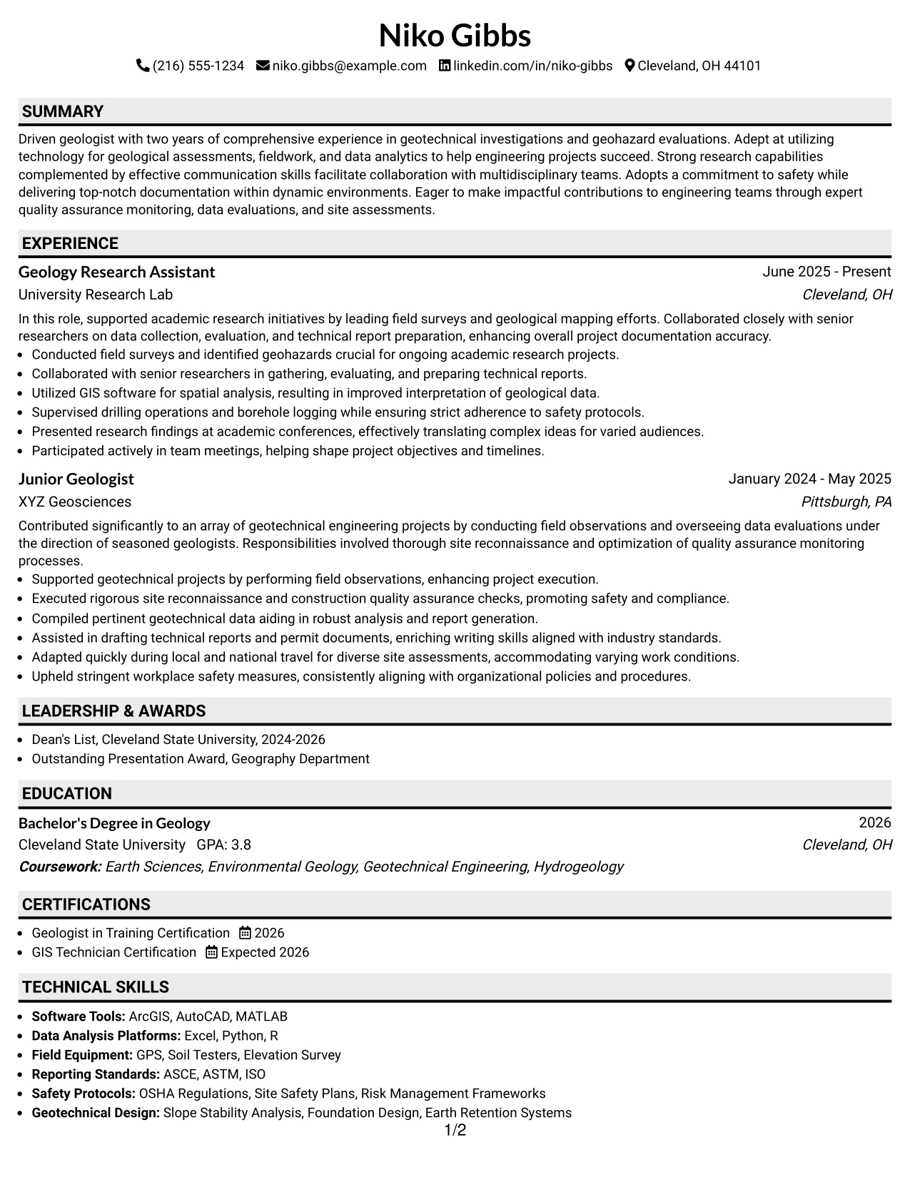 Resume Example Page 1