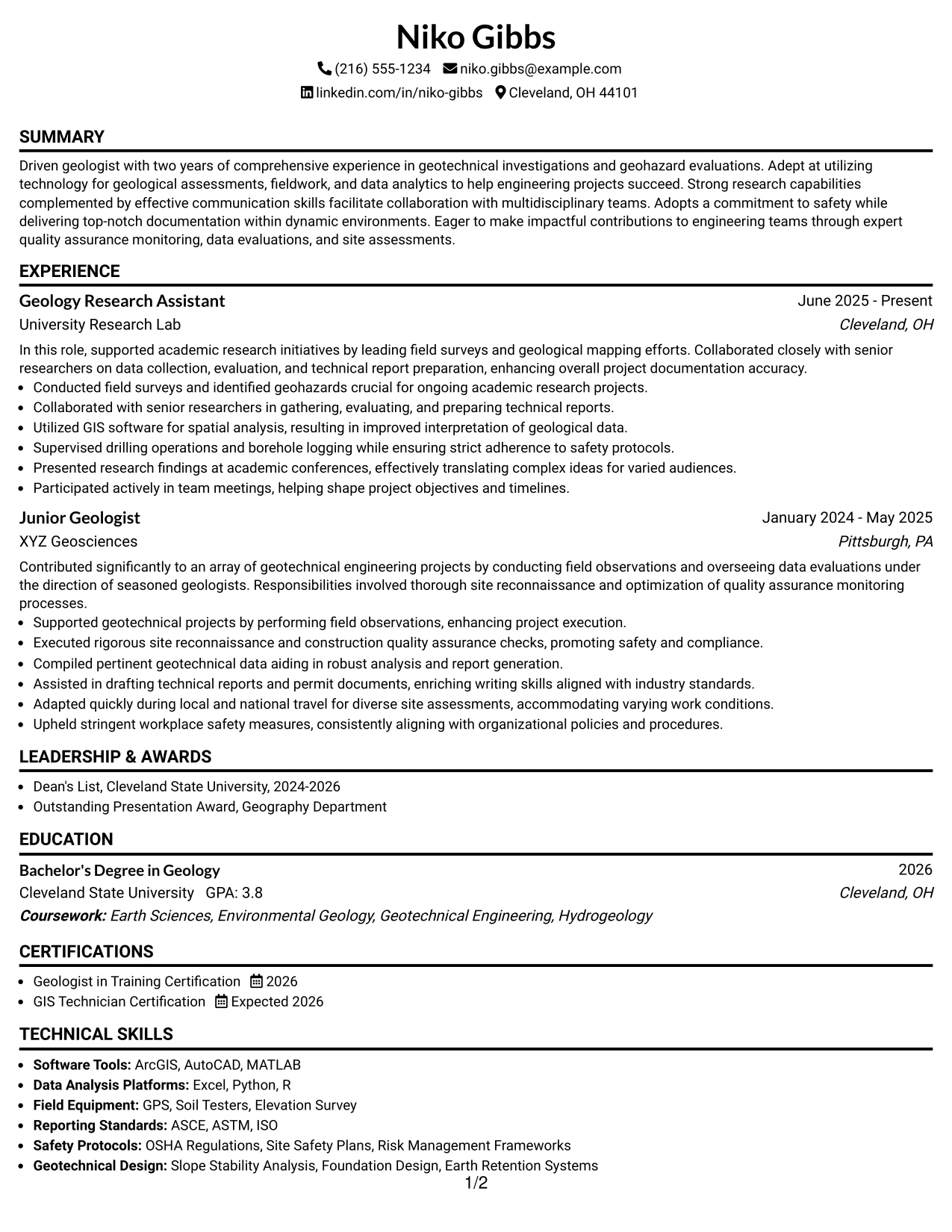 Resume Example Page 1