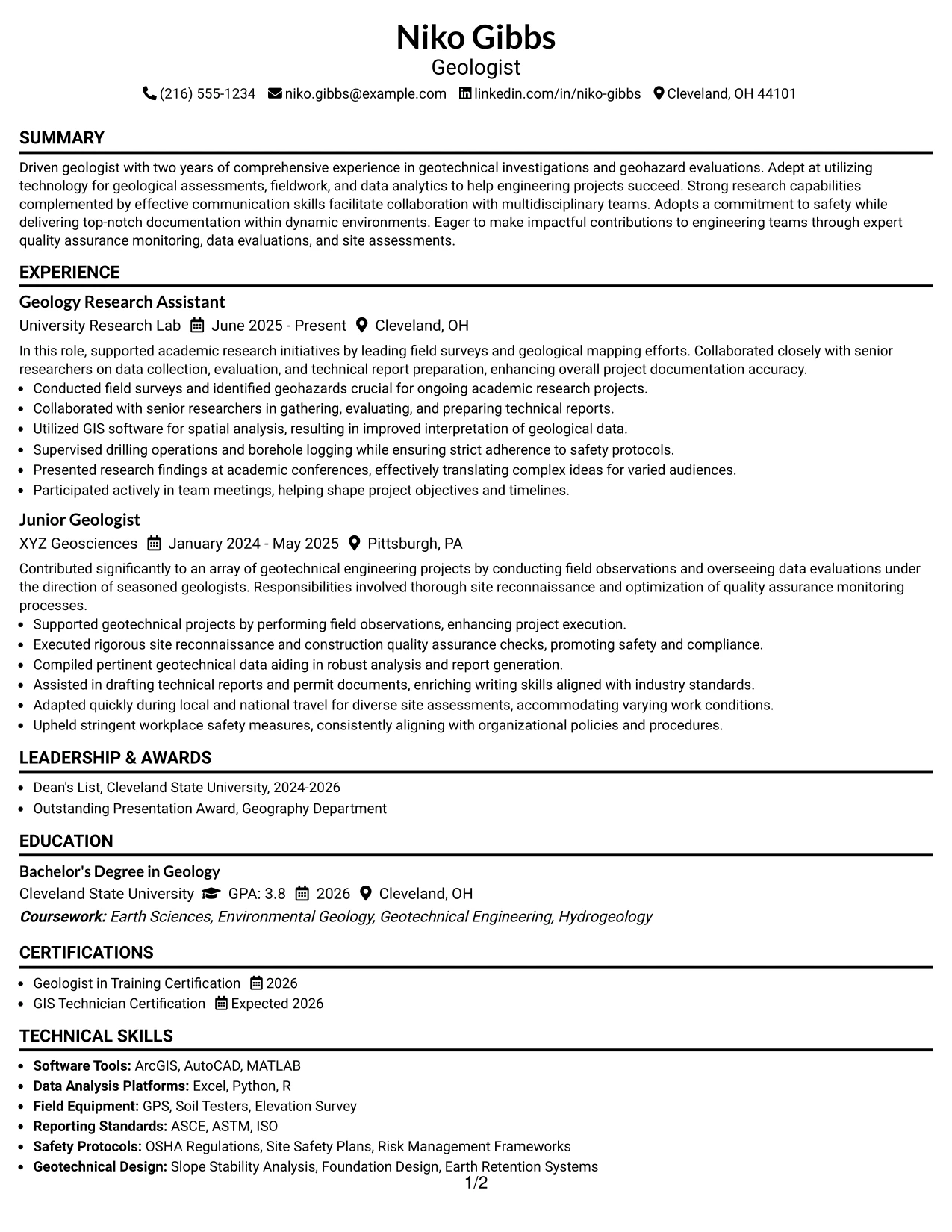 Resume Example Page 1