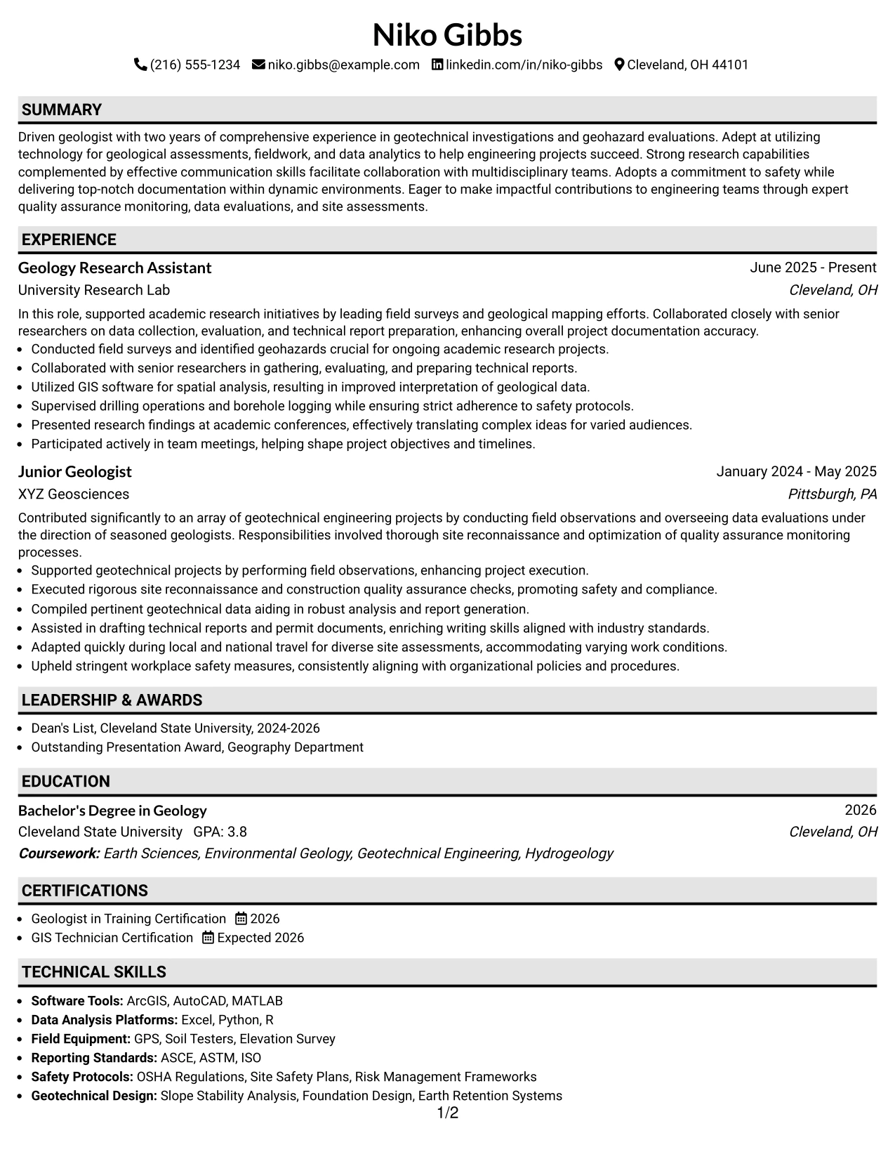 Resume Example Page 1