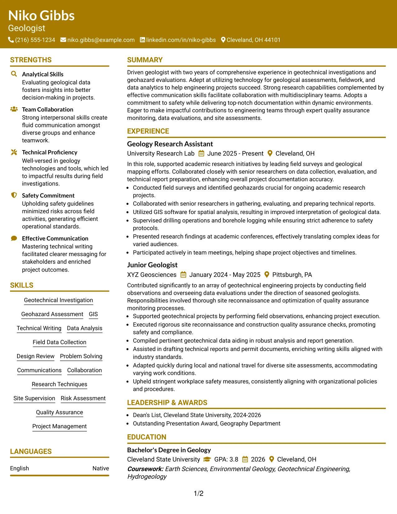 Resume Example Page 1