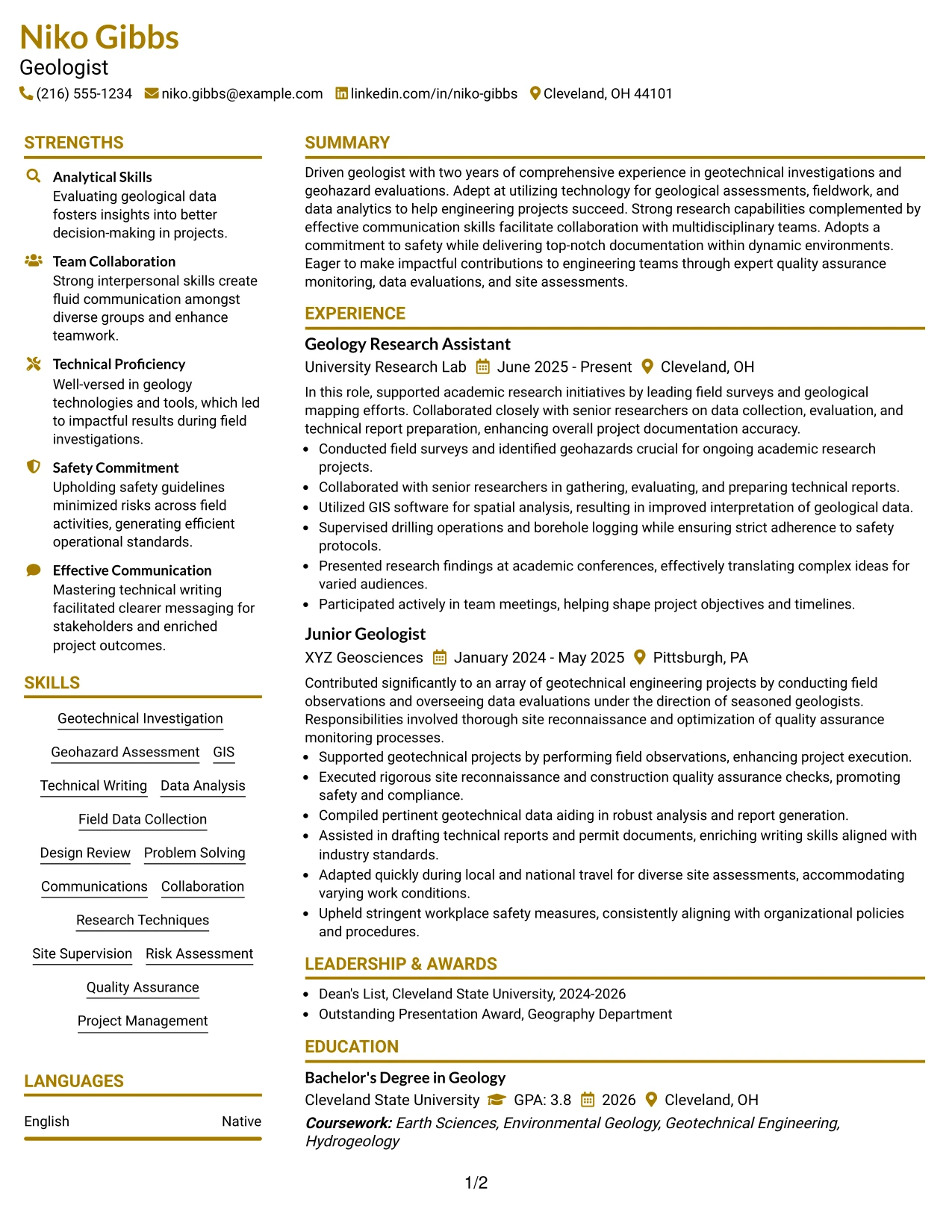 Resume Example Page 1