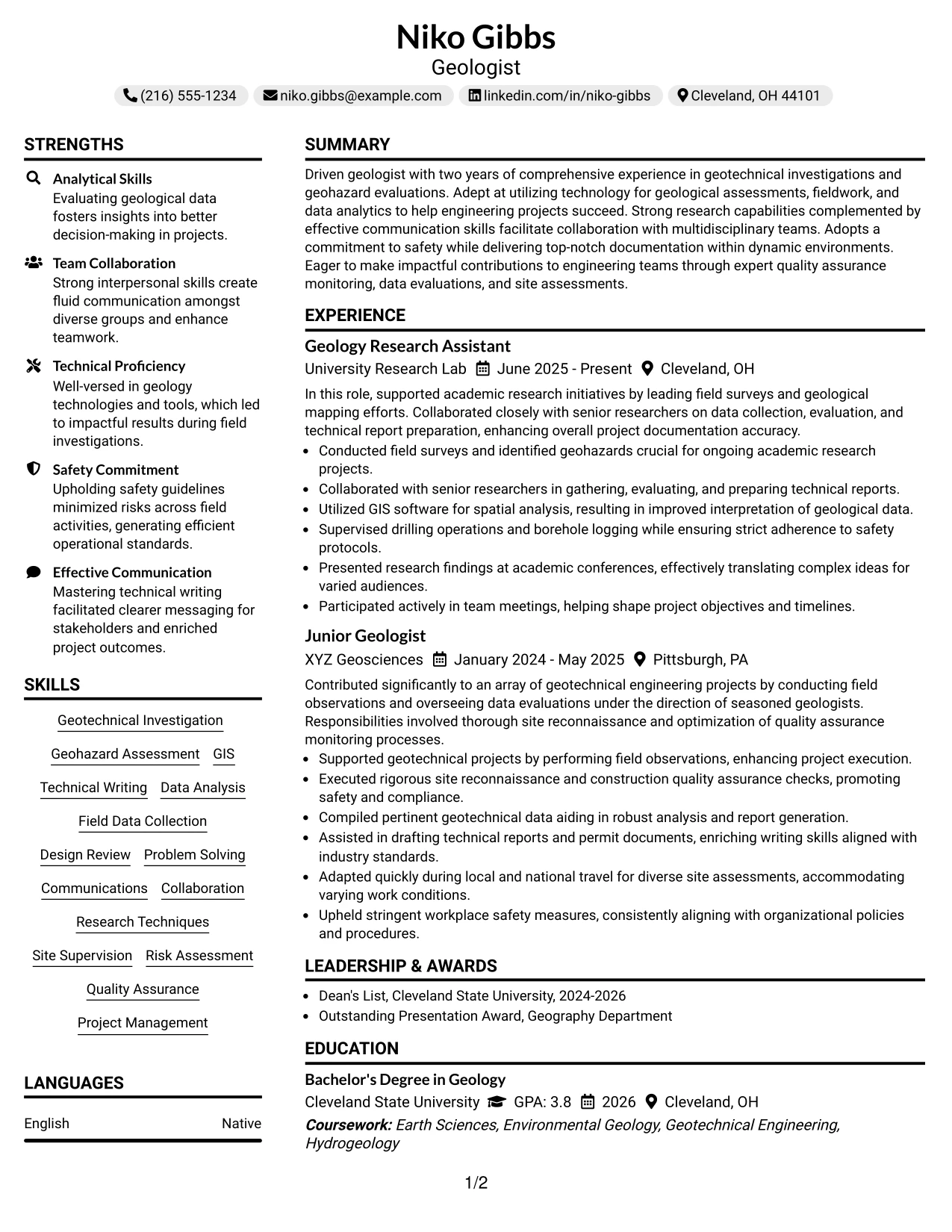 Resume Example Page 1