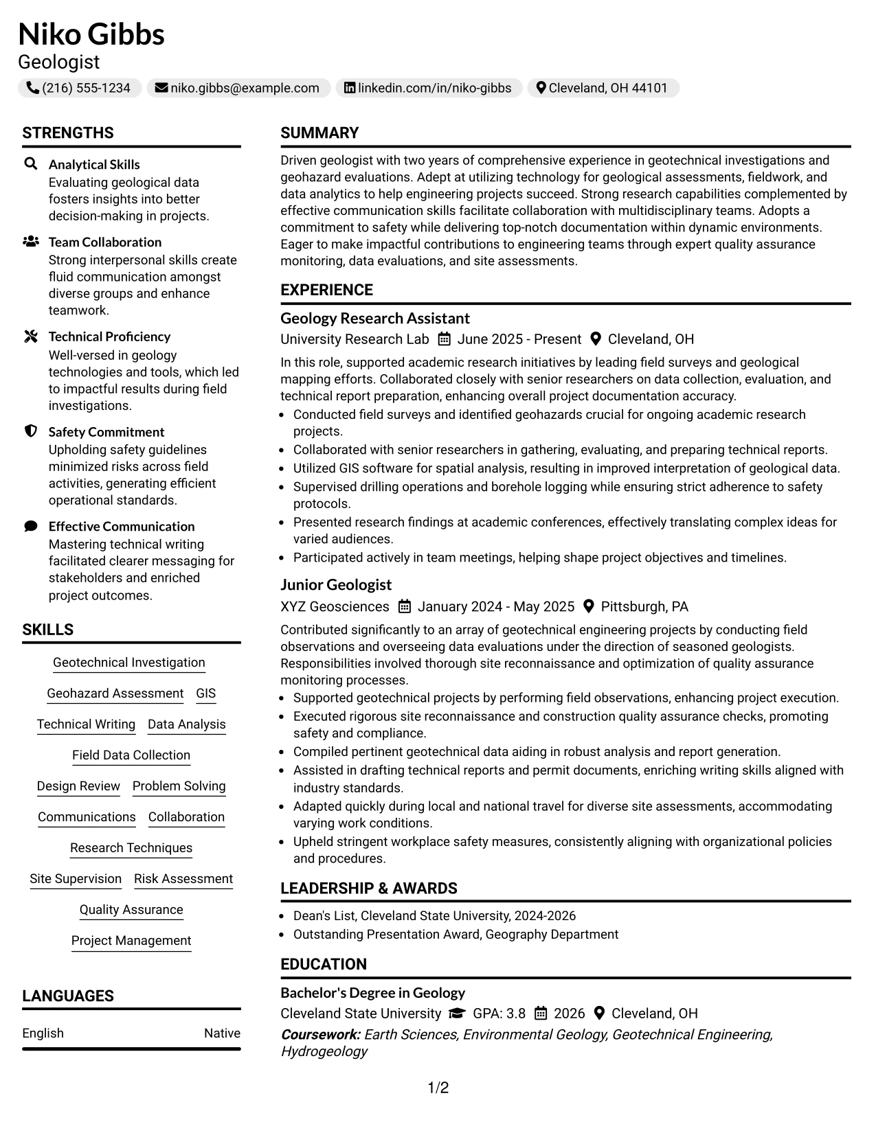 Resume Example Page 1