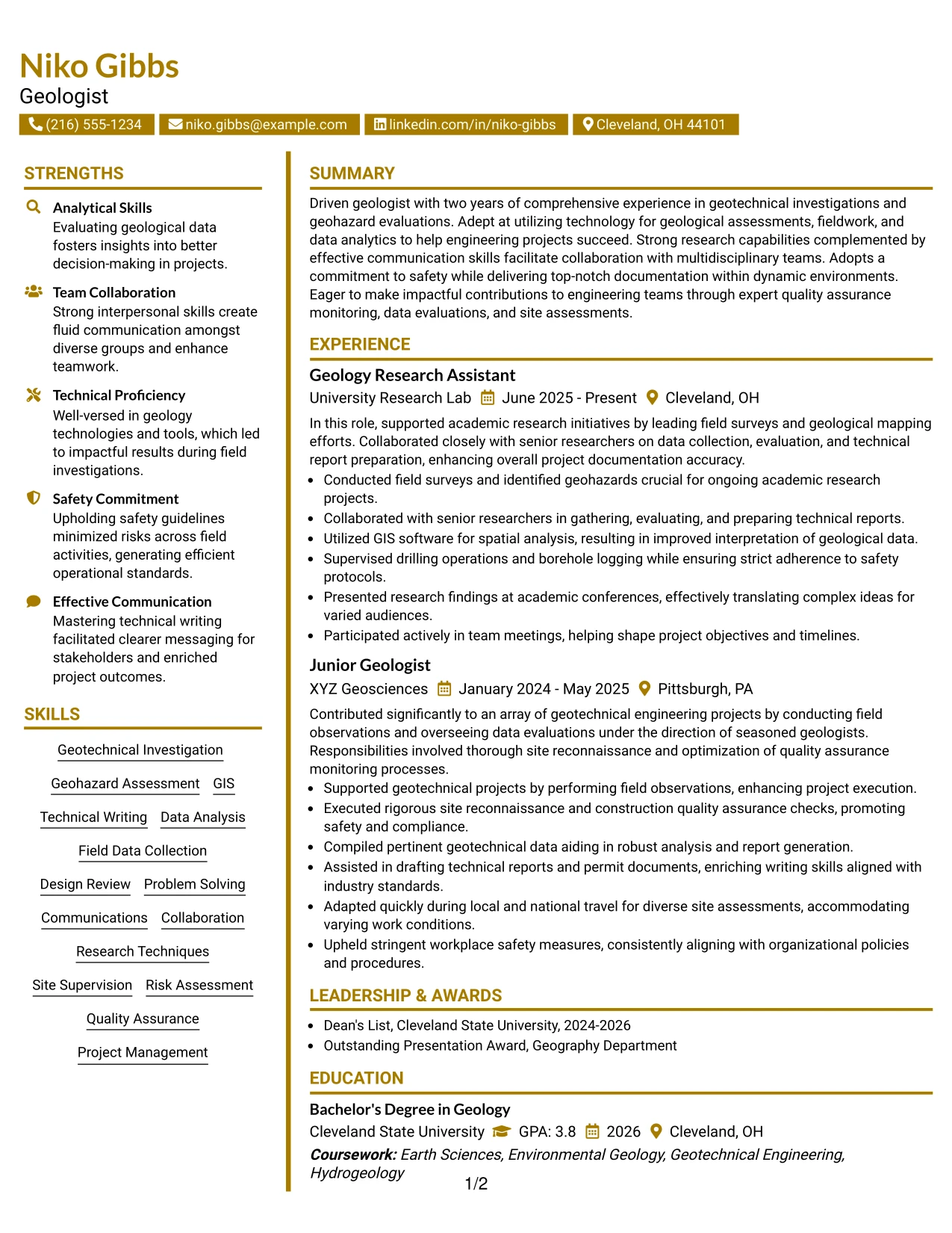 Resume Example Page 1